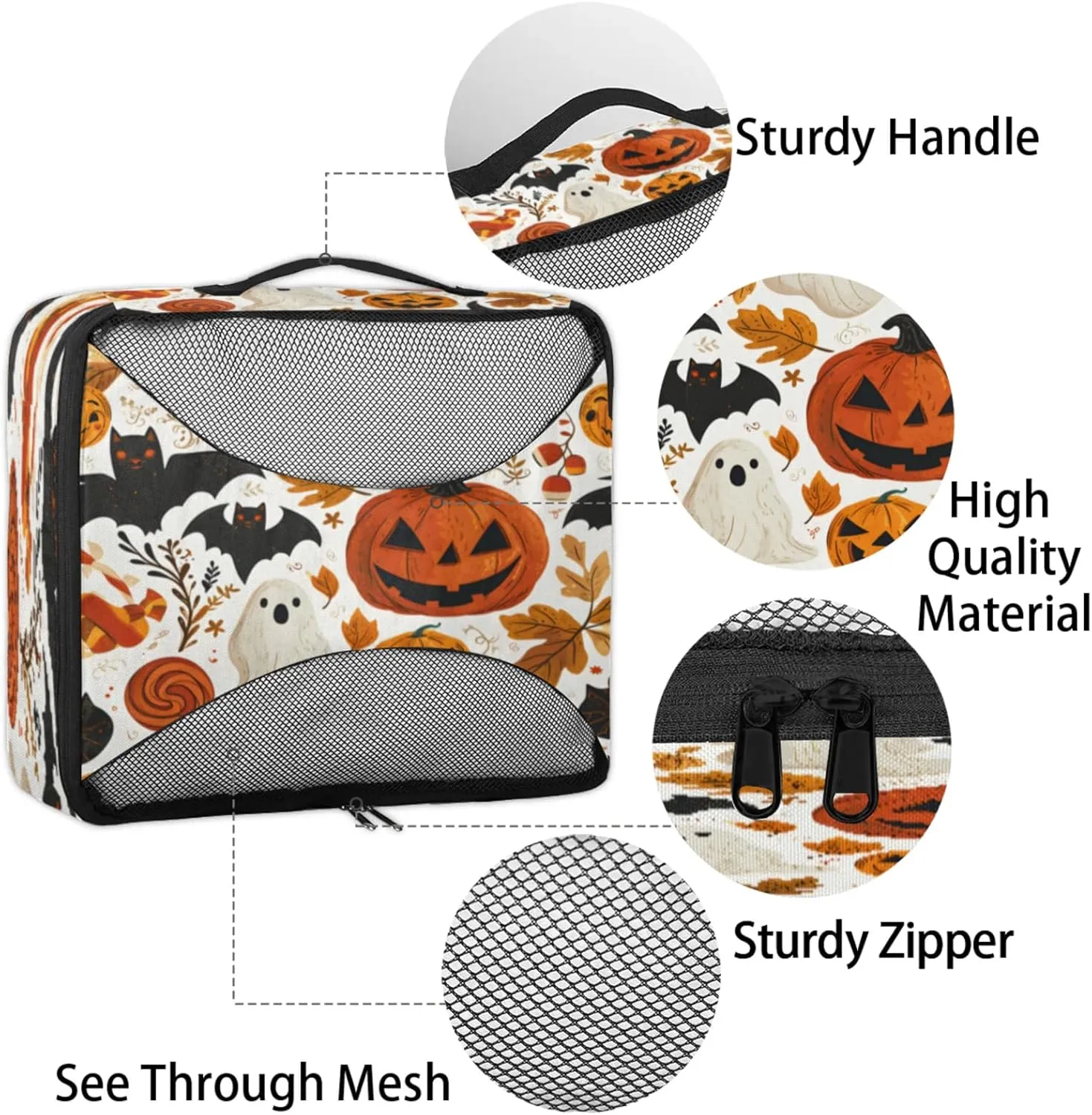 4 Set Packing Cubes for Travel, Halloween Lantern Pumpkin Packing Cubes for Women, Travel Luggage Packing Organizers, Packing Cube Set, Black Bats