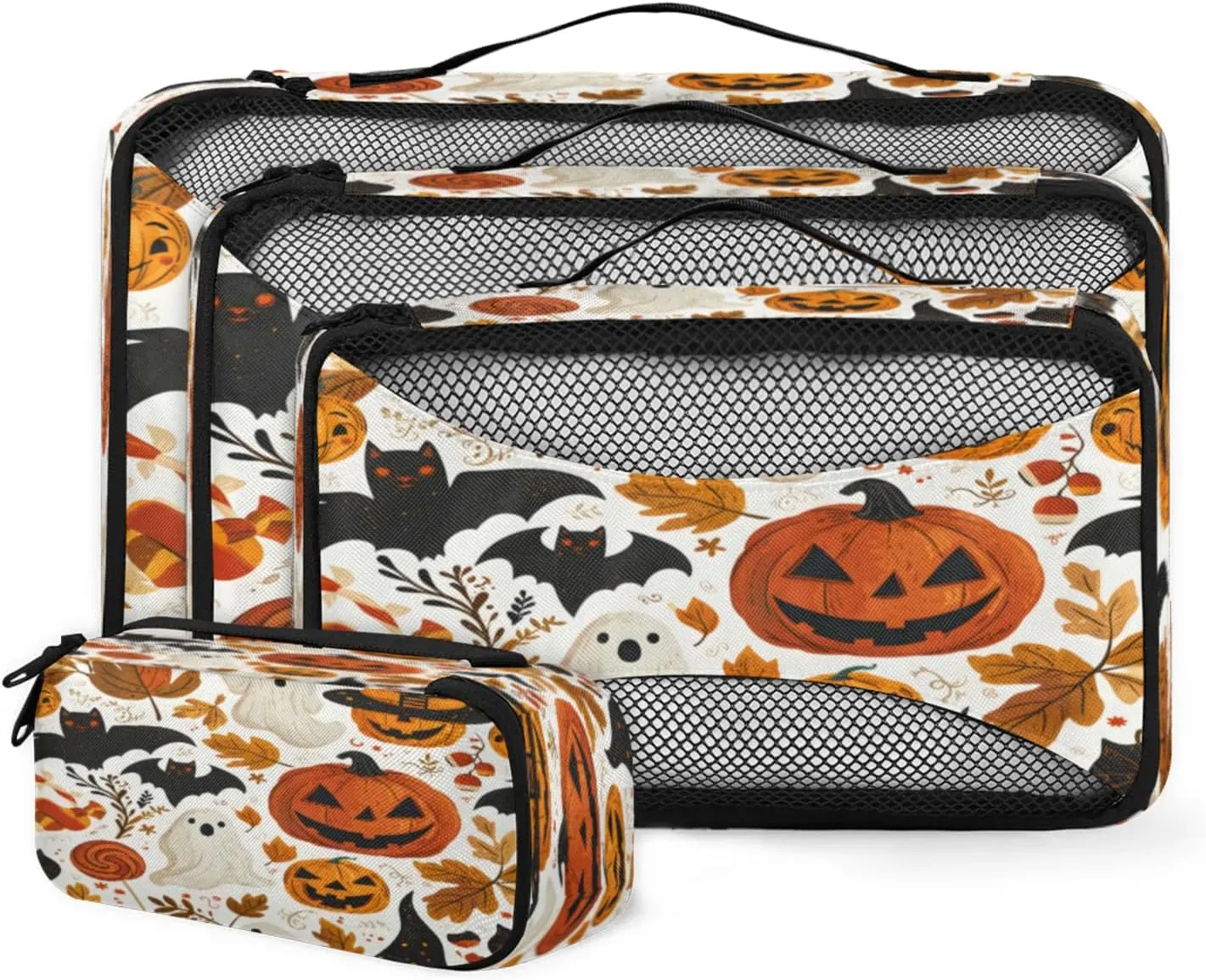 4 Set Packing Cubes for Travel, Halloween Lantern Pumpkin Packing Cubes for Women, Travel Luggage Packing Organizers, Packing Cube Set, Black Bats