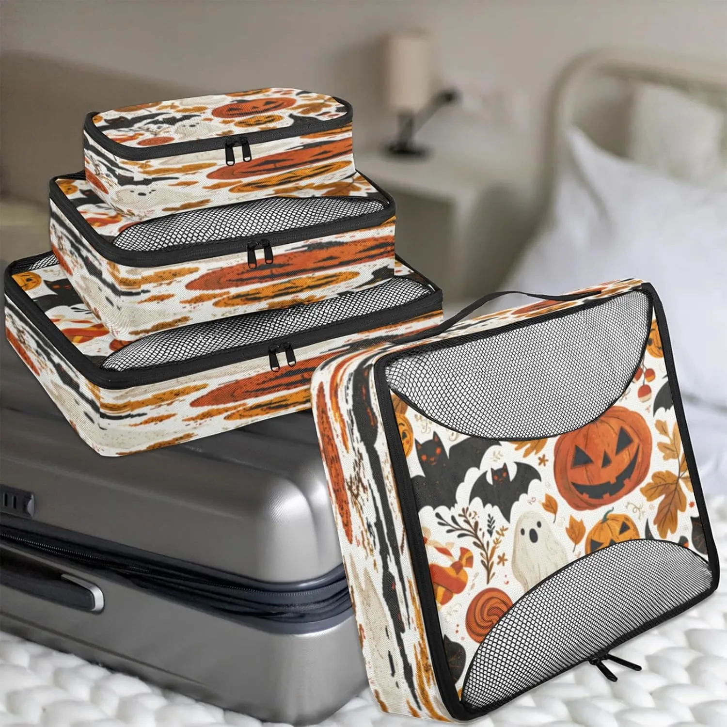 4 Set Packing Cubes for Travel, Halloween Lantern Pumpkin Packing Cubes for Women, Travel Luggage Packing Organizers, Packing Cube Set, Black Bats
