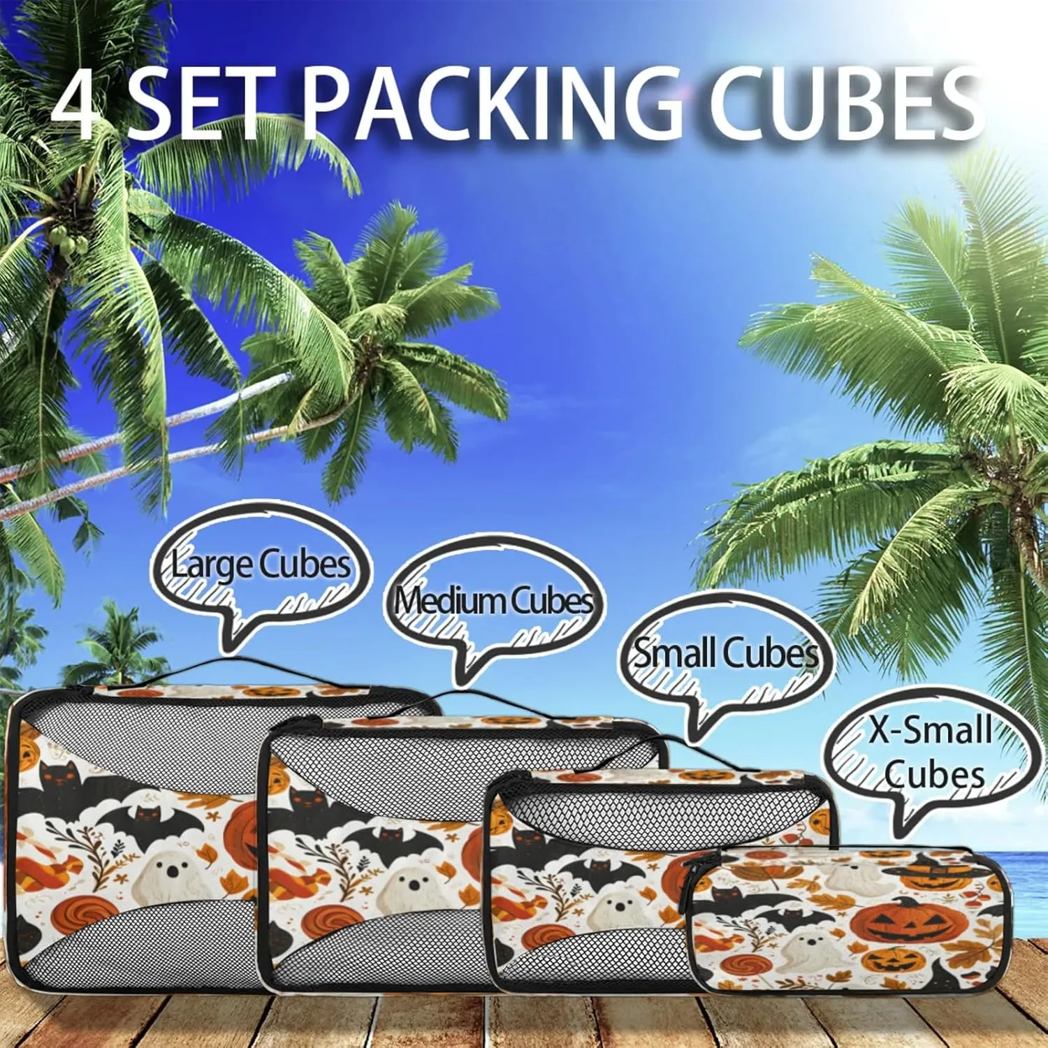 4 Set Packing Cubes for Travel, Halloween Lantern Pumpkin Packing Cubes for Women, Travel Luggage Packing Organizers, Packing Cube Set, Black Bats