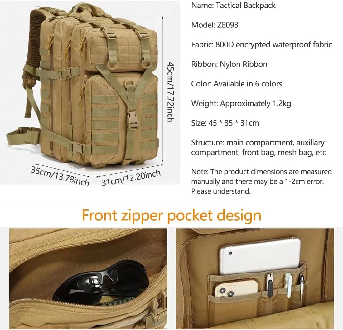 45L Military Tactical Backpack Large Men Army 3 Day Assault Rucksack Molle Bag Daypack (Mud Color)