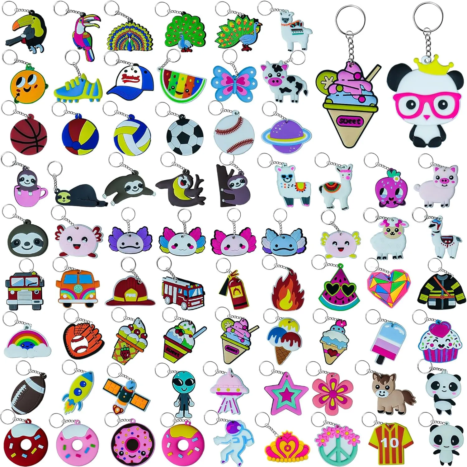 75PCS Cartoon Keychains Bulk for kids Adorable Backpacks Keychains Donut, Ball, Desserts, Axolotl, Sloth, Rainbow Bulk Key Chains for School Day Classroom Prizes Birthday Party Favors