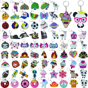 75PCS Cartoon Keychains Bulk for kids Adorable Backpacks Keychains Donut, Ball, Desserts, Axolotl, Sloth, Rainbow Bulk Key Chains for School Day Classroom Prizes Birthday Party Favors