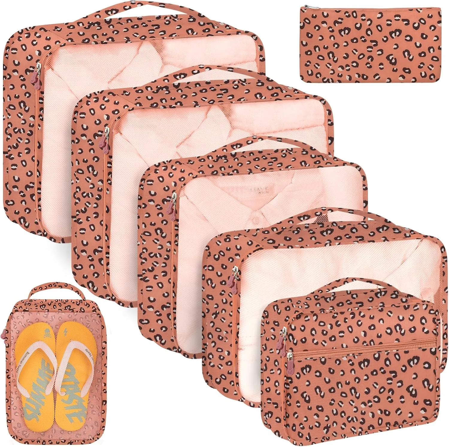 8 Set Packing Cubes for Travel, Travel Luggage Packing Organizers, Travel Accessories Large Toiletries Bag for Clothes Shoes Cosmetics Toiletries (Blue), Coral Leopard