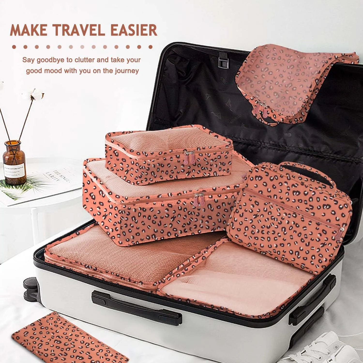 8 Set Packing Cubes for Travel, Travel Luggage Packing Organizers, Travel Accessories Large Toiletries Bag for Clothes Shoes Cosmetics Toiletries (Blue), Coral Leopard