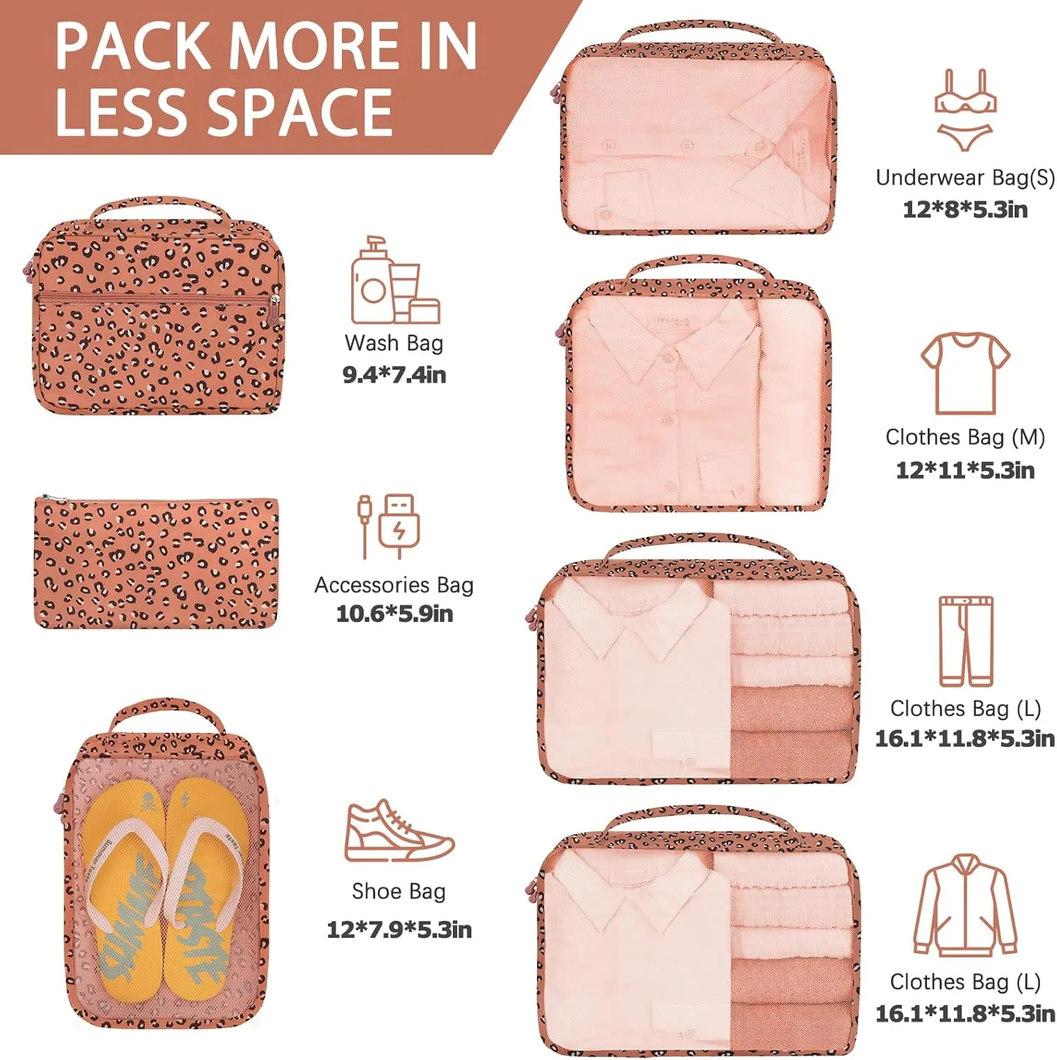 8 Set Packing Cubes for Travel, Travel Luggage Packing Organizers, Travel Accessories Large Toiletries Bag for Clothes Shoes Cosmetics Toiletries (Blue), Coral Leopard