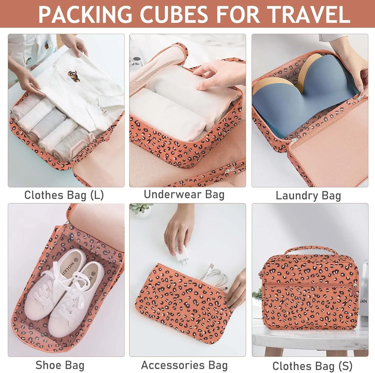 8 Set Packing Cubes for Travel, Travel Luggage Packing Organizers, Travel Accessories Large Toiletries Bag for Clothes Shoes Cosmetics Toiletries (Blue), Coral Leopard