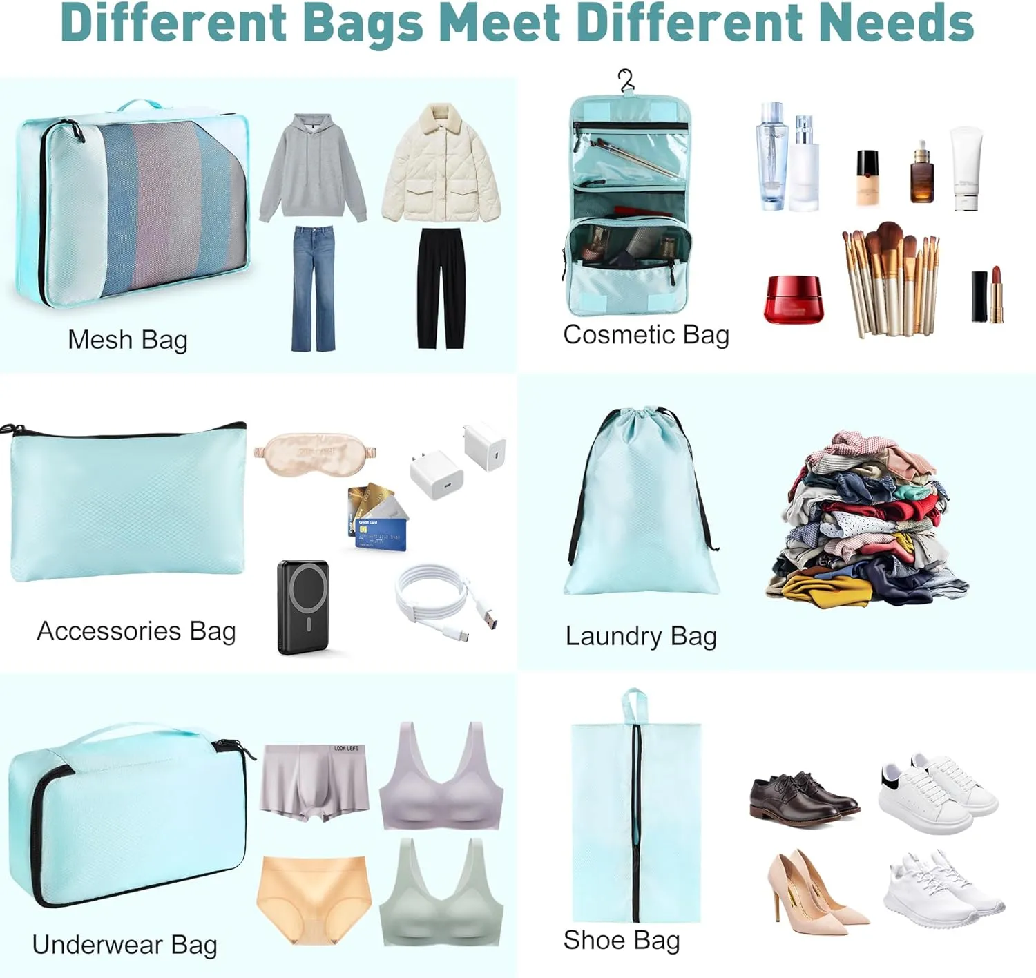 8 Set Packing Cubes for Travel Women Men Kids, Mesh Suitcase Organizer Bags Set for Luggage, 4 Sizes Extra Large, Large, Medium, Small, Travel Camping Essentials Accessories, Lake Blue