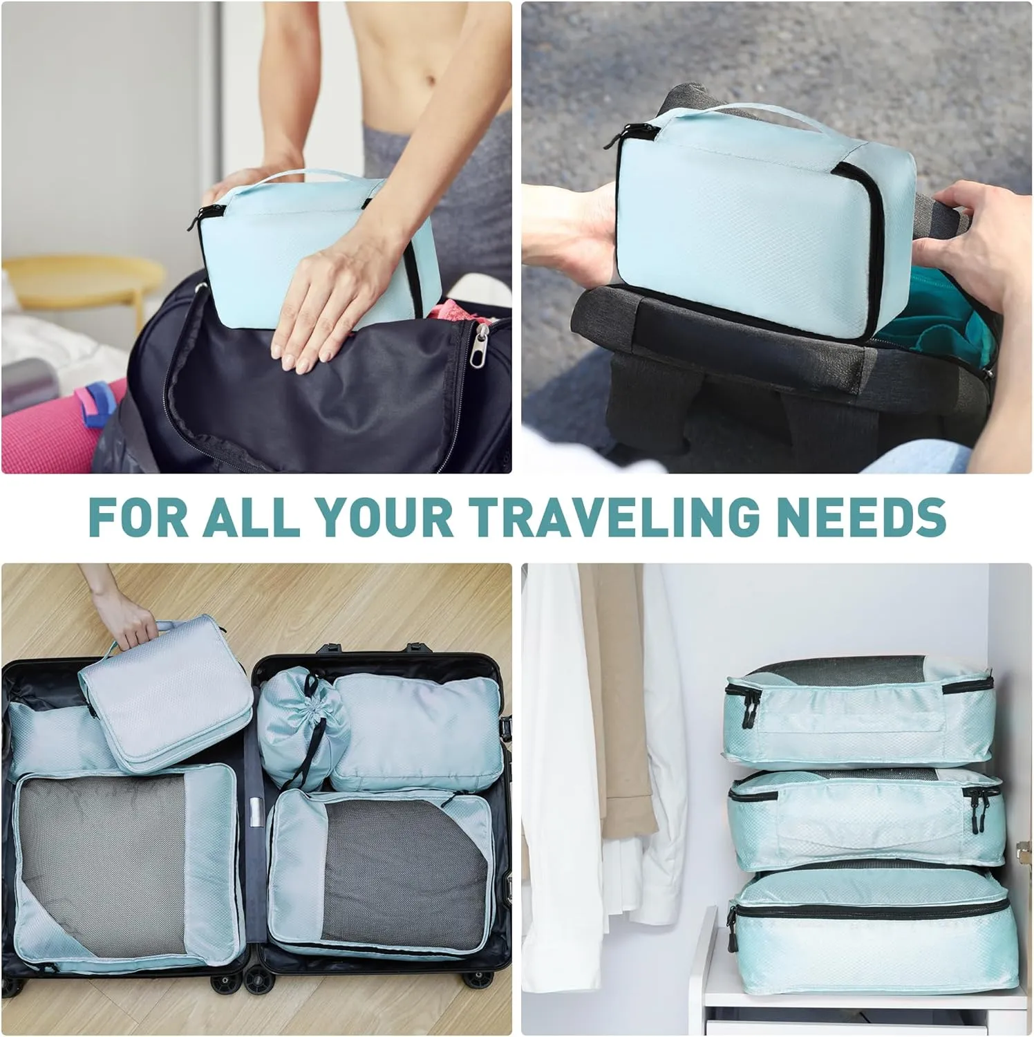 8 Set Packing Cubes for Travel Women Men Kids, Mesh Suitcase Organizer Bags Set for Luggage, 4 Sizes Extra Large, Large, Medium, Small, Travel Camping Essentials Accessories, Lake Blue