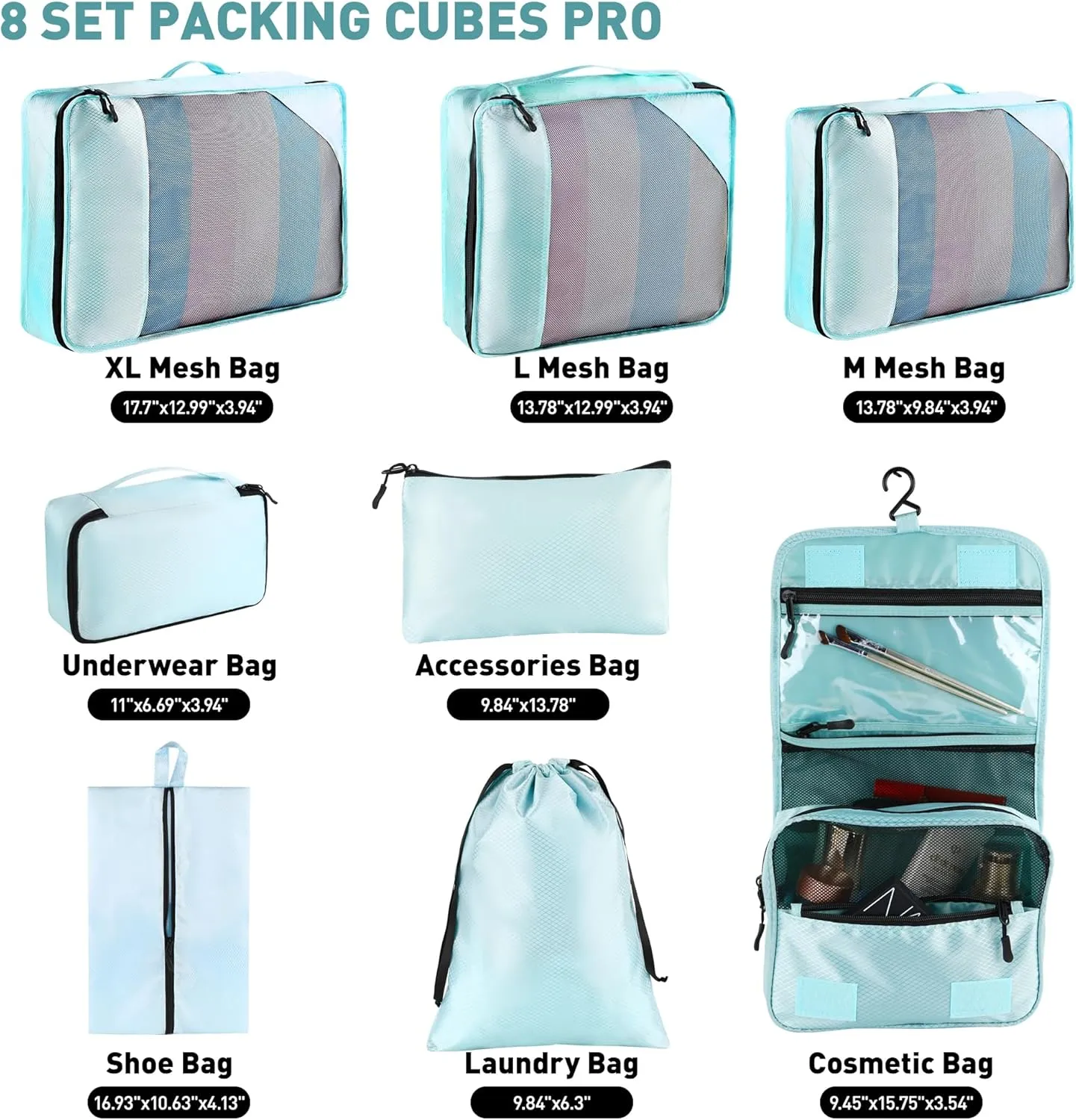 8 Set Packing Cubes for Travel Women Men Kids, Mesh Suitcase Organizer Bags Set for Luggage, 4 Sizes Extra Large, Large, Medium, Small, Travel Camping Essentials Accessories, Lake Blue