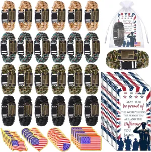 96 Pcs American Flag Lapel Pins and Patriotic Paracord Bracelet with Bronze USA Flag, 4th of July Pins Heart, Gift Cards Organza Bags Tactical Survival Bracelet for Veterans Day Military
