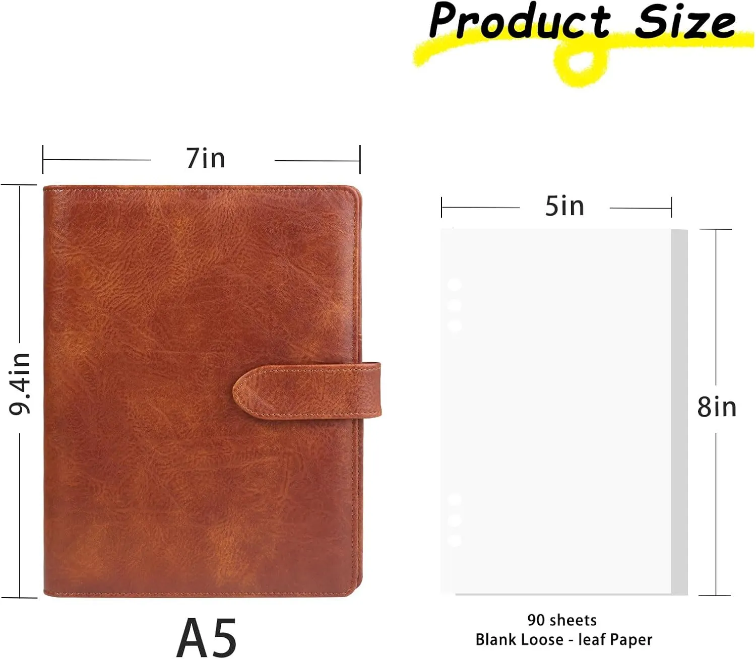 A5 Binder 6 Ring, PU Leather Refillable Notebook with Blank Loose Leaf Paper, Filler Paper, Loose Leaf Personal Planner Budget Binder with Magnetic Buckle Closure