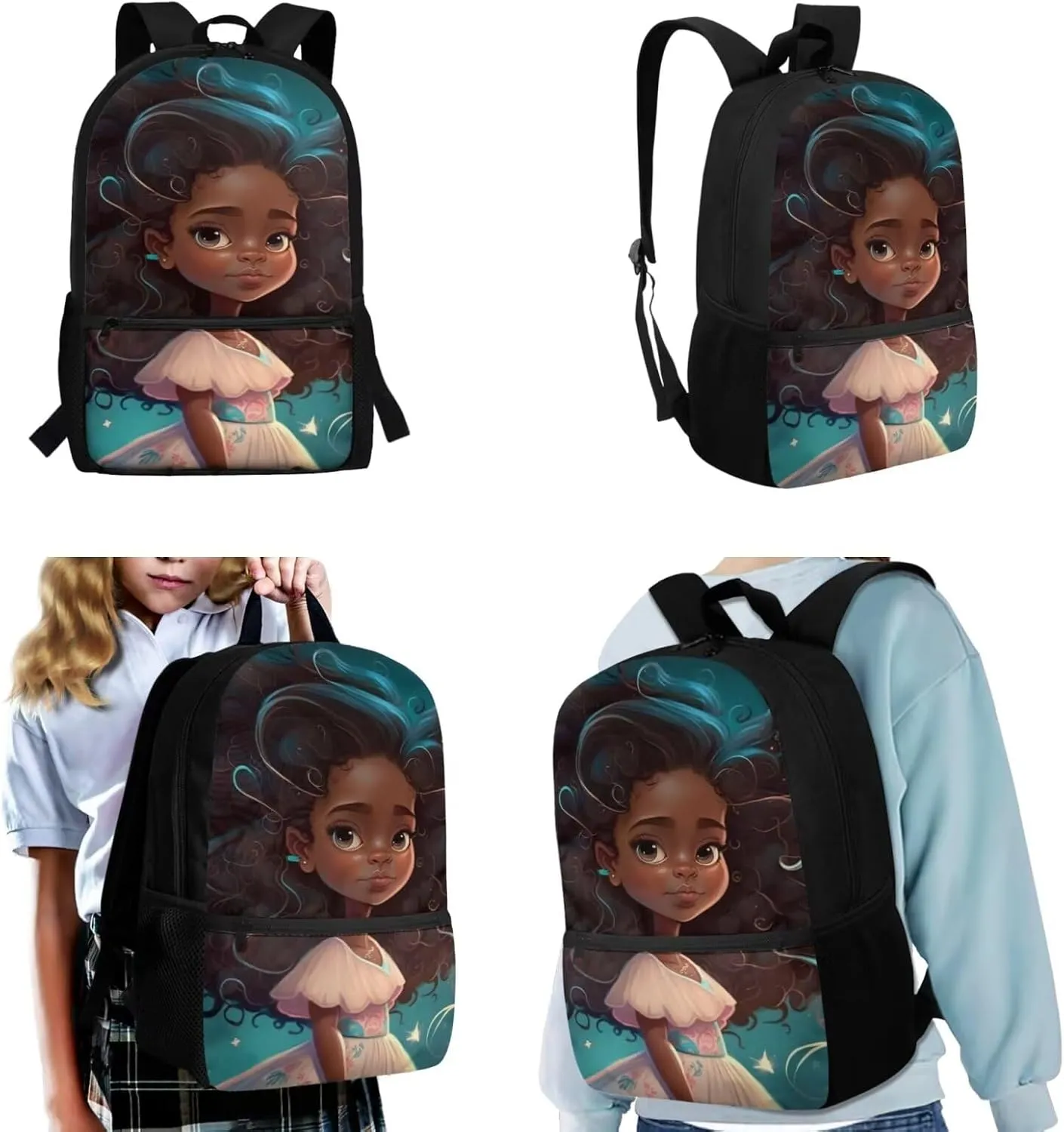 African Girl Girls Backpacks Ages 6-8 with Lunchbox Kids Backpack Set for Girls School Backpack for Kids Preschool Kindergarten Elementary School Bookbag with Water Bottle Holder 4 in 1 Set
