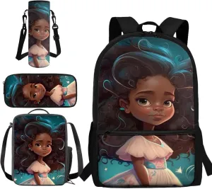 African Girl Girls Backpacks Ages 6-8 with Lunchbox Kids Backpack Set for Girls School Backpack for Kids Preschool Kindergarten Elementary School Bookbag with Water Bottle Holder 4 in 1 Set