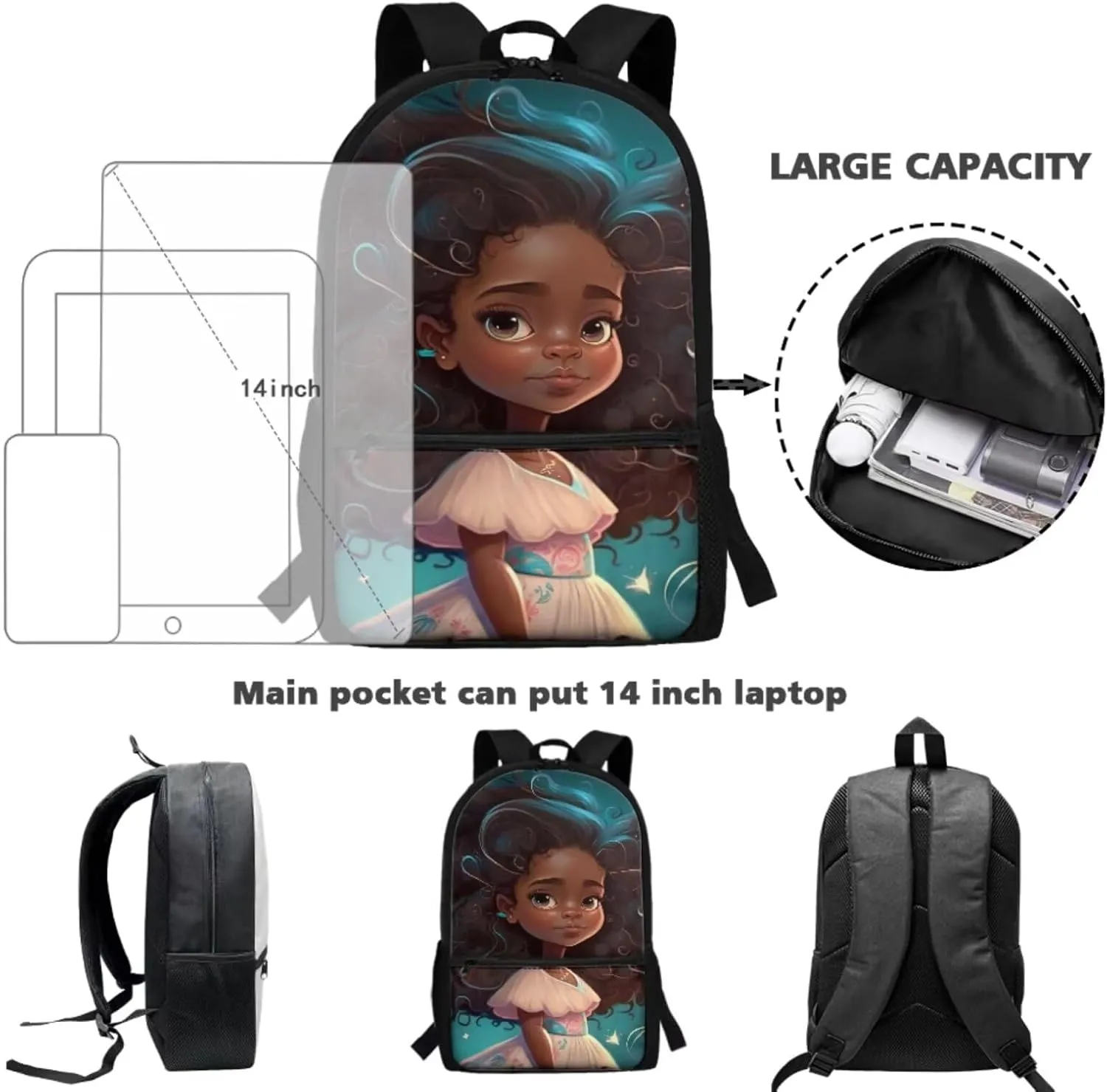 African Girl Girls Backpacks Ages 6-8 with Lunchbox Kids Backpack Set for Girls School Backpack for Kids Preschool Kindergarten Elementary School Bookbag with Water Bottle Holder 4 in 1 Set