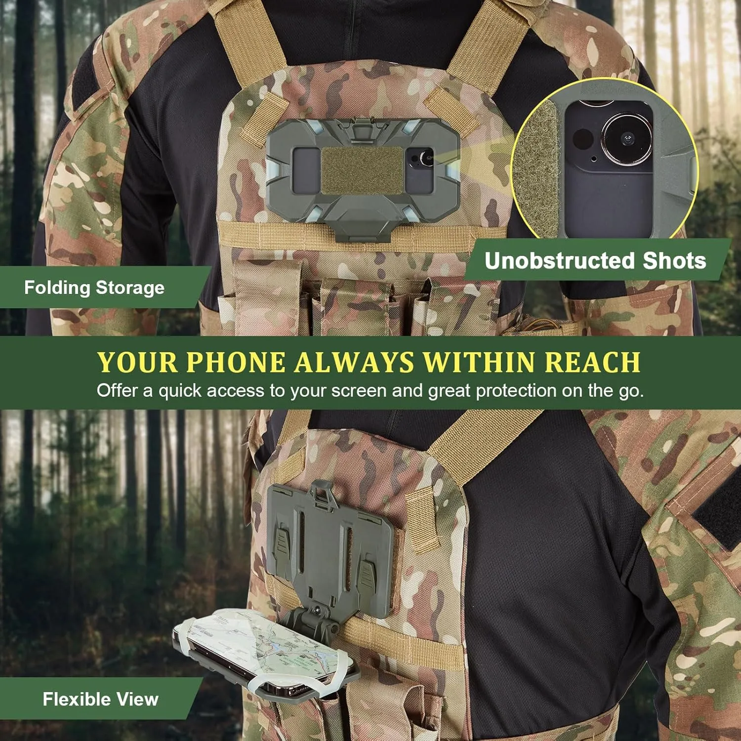 AGPTEK Universal Molle Tactical Phone Holder - Chest Mount for Tactical Vests and Plate Carriers, Fits 4.7"-6.7" Phones, Ideal for Outdoor Paintball, Airsoft, and Hunting