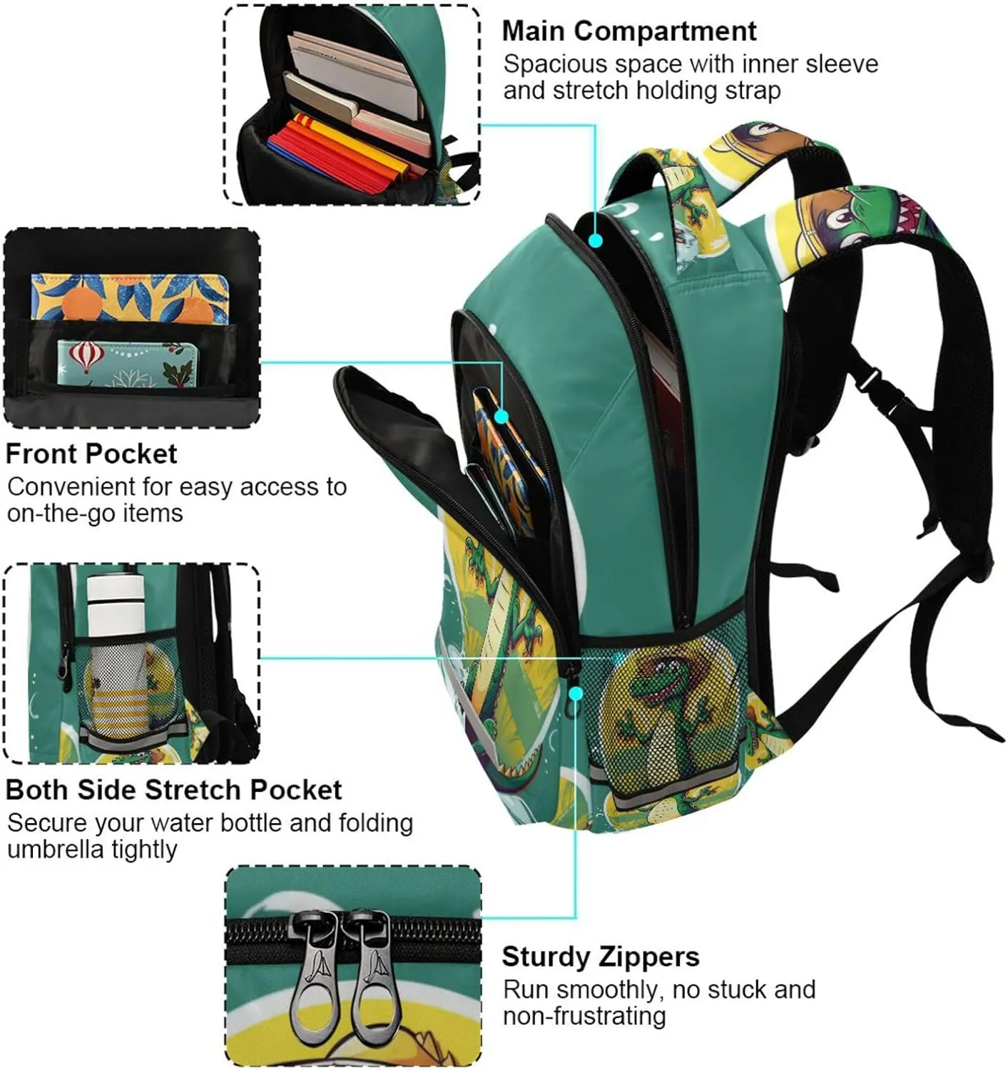 ALAZA Cute Green Crocodile Backpacks Travel Laptop Daypack School Book Bag for Men Women Teens Kids