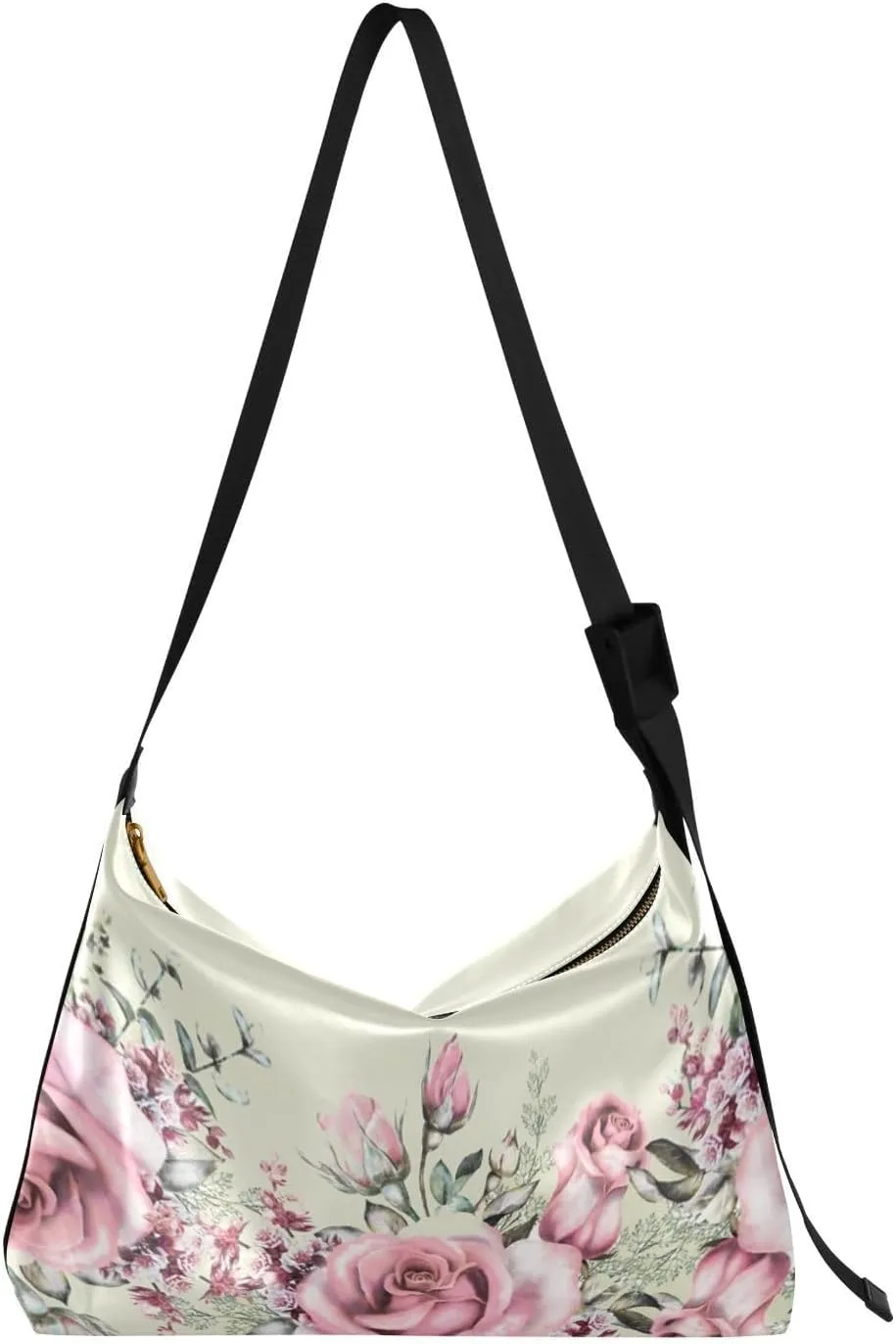 ALAZA Pink Rose Flower with Leaf Herbs Womens Tote Bag Leather Shoulder Bag For Women Men Large Hobo Cross Body Bags Handbag