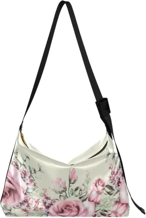 ALAZA Pink Rose Flower with Leaf Herbs Womens Tote Bag Leather Shoulder Bag For Women Men Large Hobo Cross Body Bags Handbag
