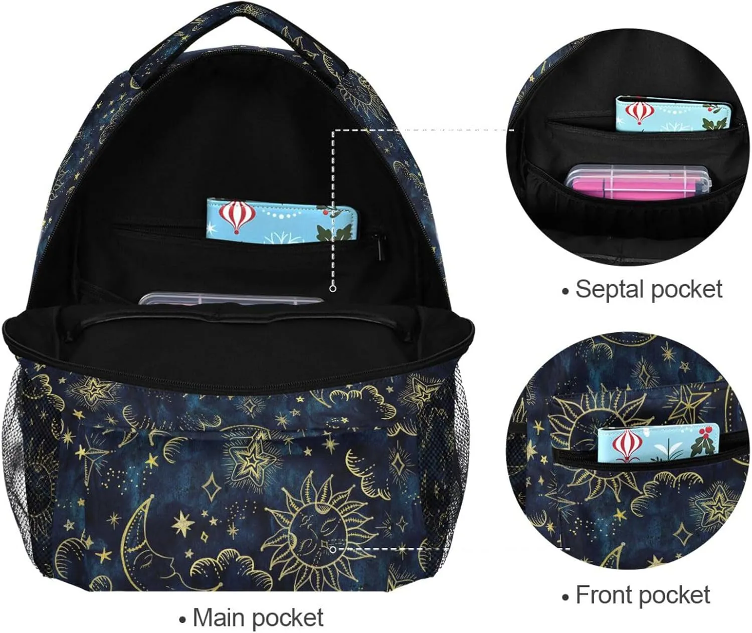 ALAZA Sun Moon Boho Cosmos Astrology Backpack Purse with Multiple Pockets Name Card Personalized Travel Laptop Book Bag, Size M/16.9 inch