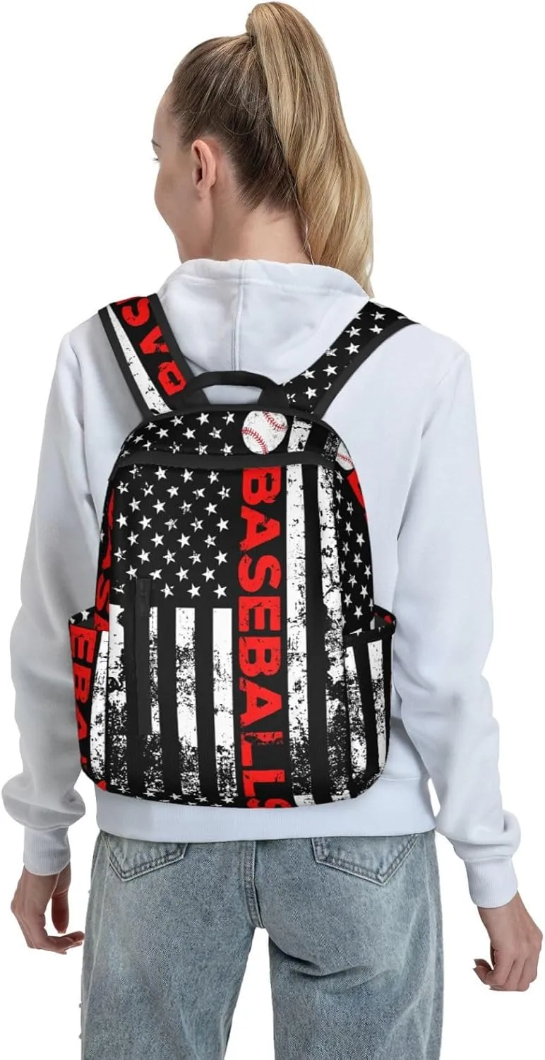 American Flag Baseball Team Casual Backpacks Laptop Backpack Outdoor Travel Rucksack Sport Carry-On Daypack Lightweight Bag with Multi-Pockets