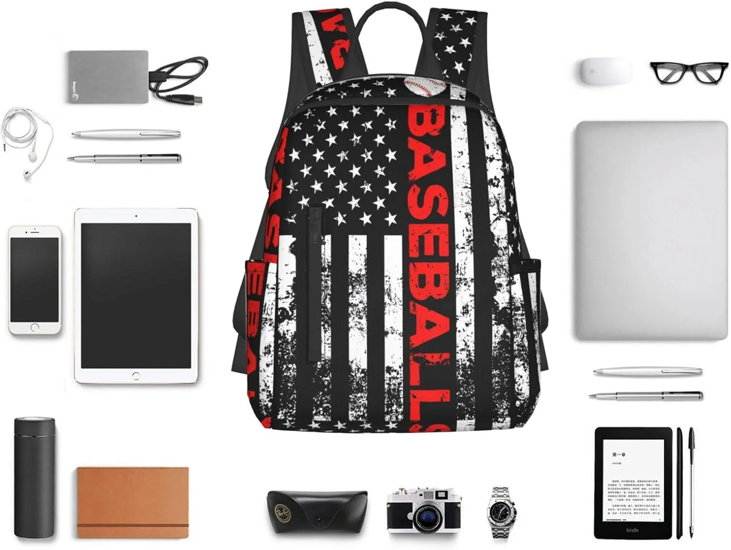 American Flag Baseball Team Casual Backpacks Laptop Backpack Outdoor Travel Rucksack Sport Carry-On Daypack Lightweight Bag with Multi-Pockets