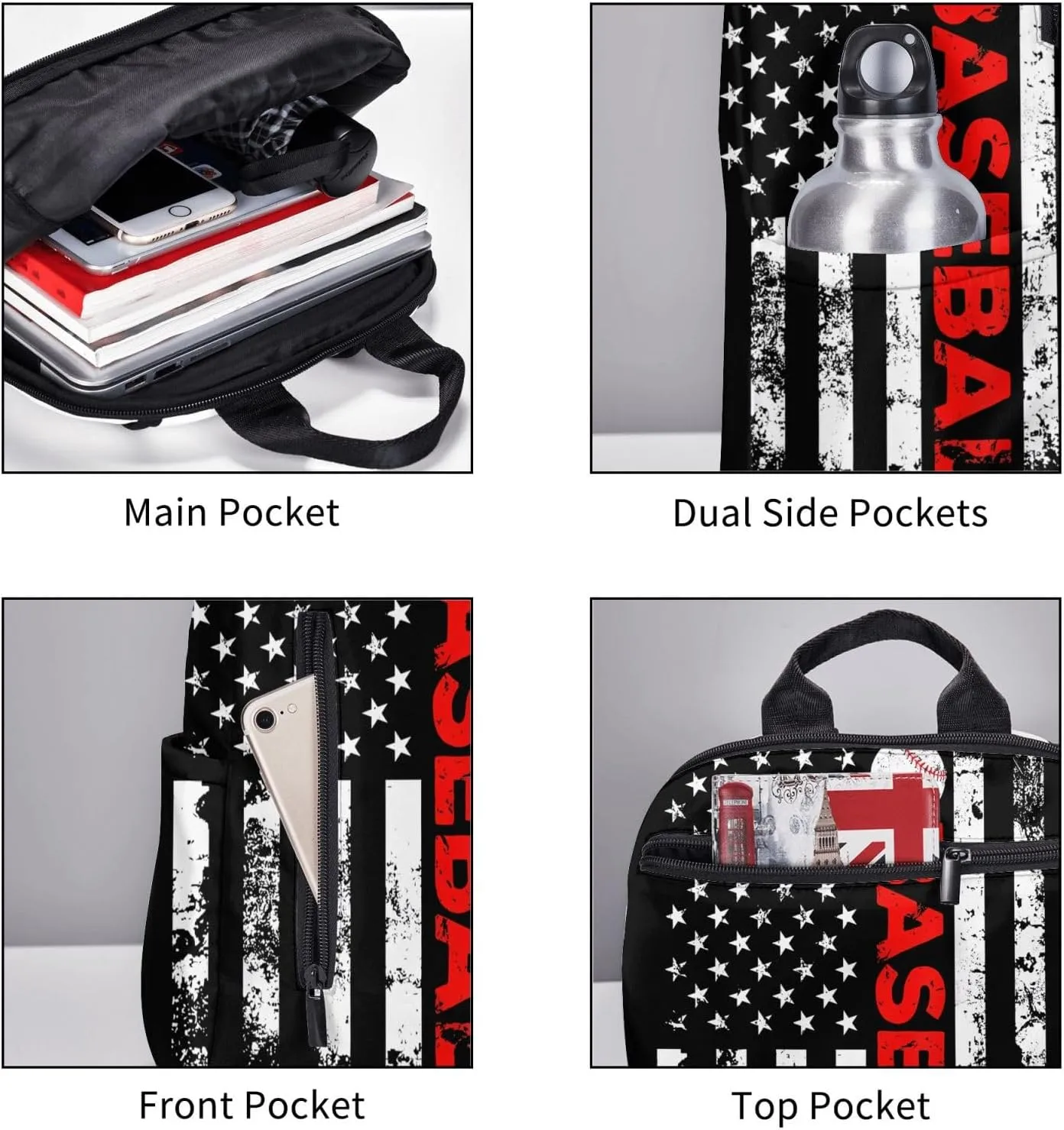 American Flag Baseball Team Casual Backpacks Laptop Backpack Outdoor Travel Rucksack Sport Carry-On Daypack Lightweight Bag with Multi-Pockets