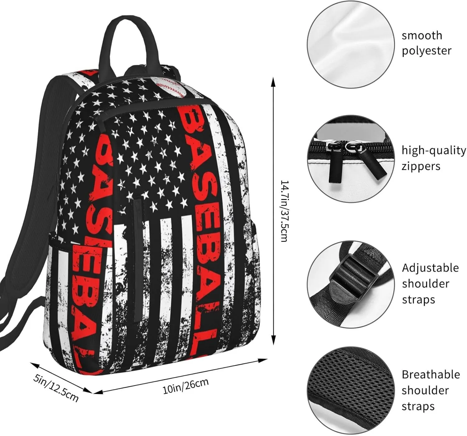 American Flag Baseball Team Casual Backpacks Laptop Backpack Outdoor Travel Rucksack Sport Carry-On Daypack Lightweight Bag with Multi-Pockets