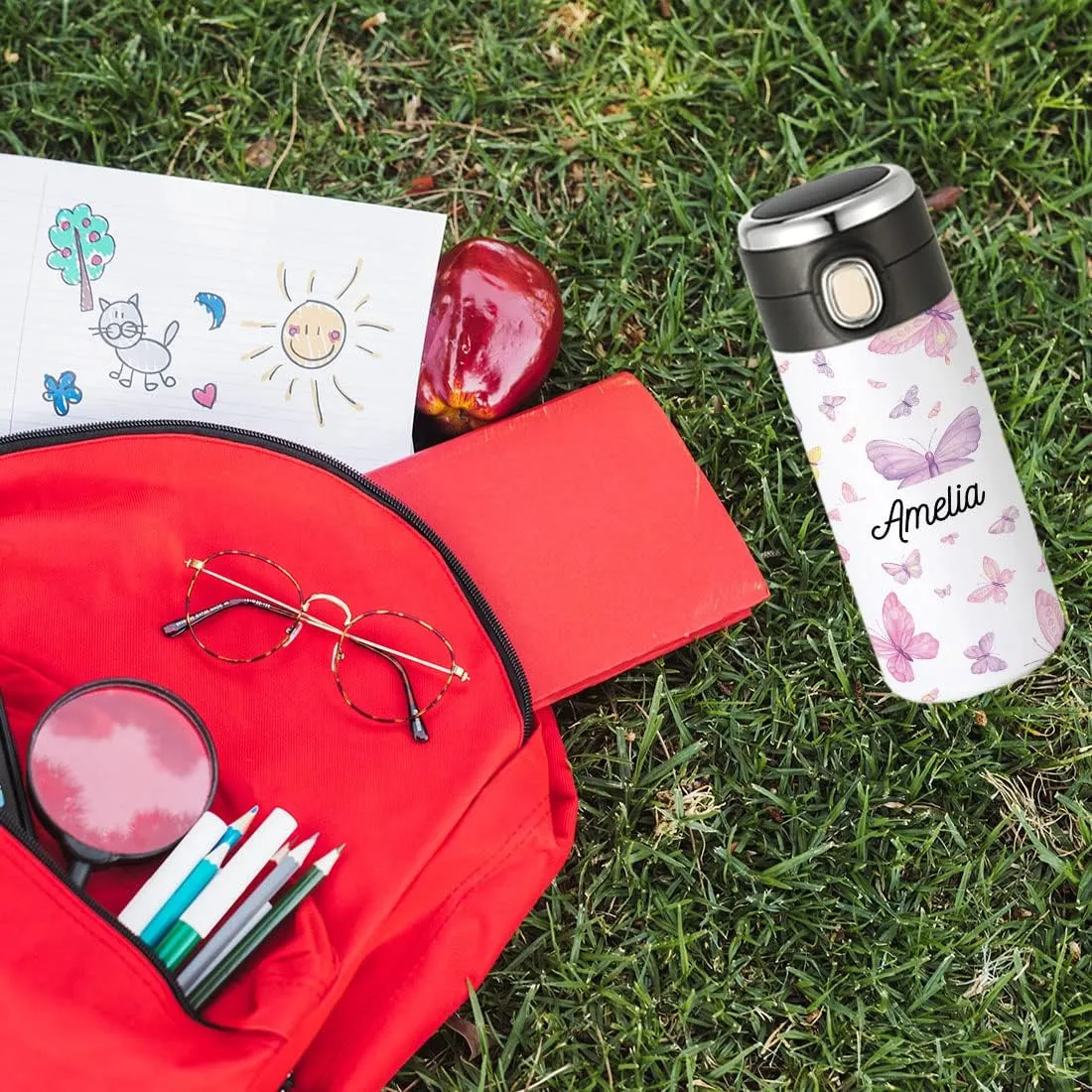 Andaz Press Personalized Kids Tumbler Butterflies Kids Stainless Steel Water Bottle With Leakproof Flip Lid- 10oz Bpa-Free Tumbler For Girls Daughter, Butterfly Water Bottle For Girls, 1-Pack
