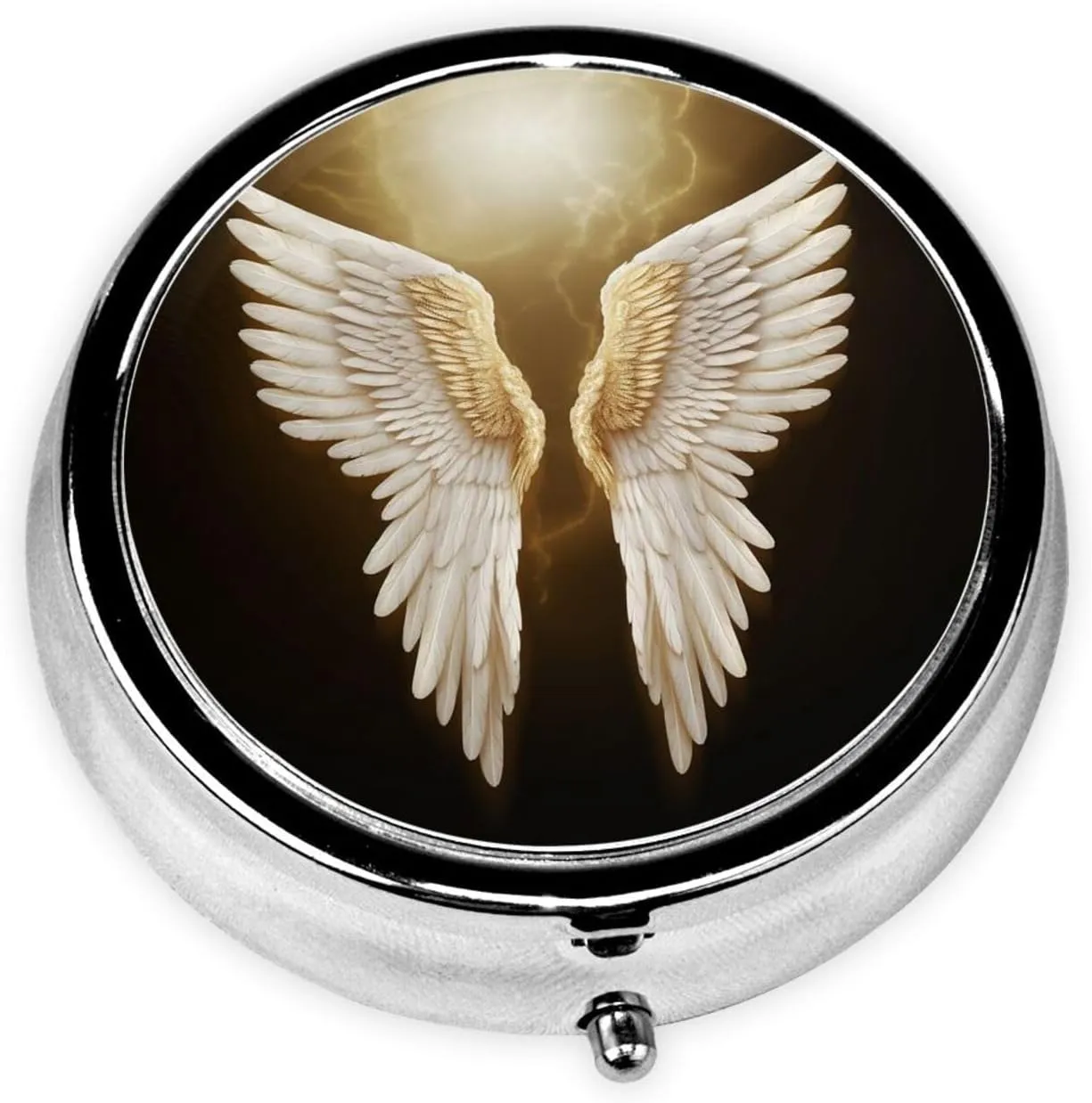 Angel Wing Pill Box Round Pill Case for Pocket Purse 3 Compartment Medicine Pill Organizer Cute Portable Travel Pillbox Vitamin Cod Liver Oil Storage Box Unique Gift Organizer