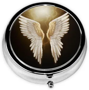 Angel Wing Pill Box Round Pill Case for Pocket Purse 3 Compartment Medicine Pill Organizer Cute Portable Travel Pillbox Vitamin Cod Liver Oil Storage Box Unique Gift Organizer