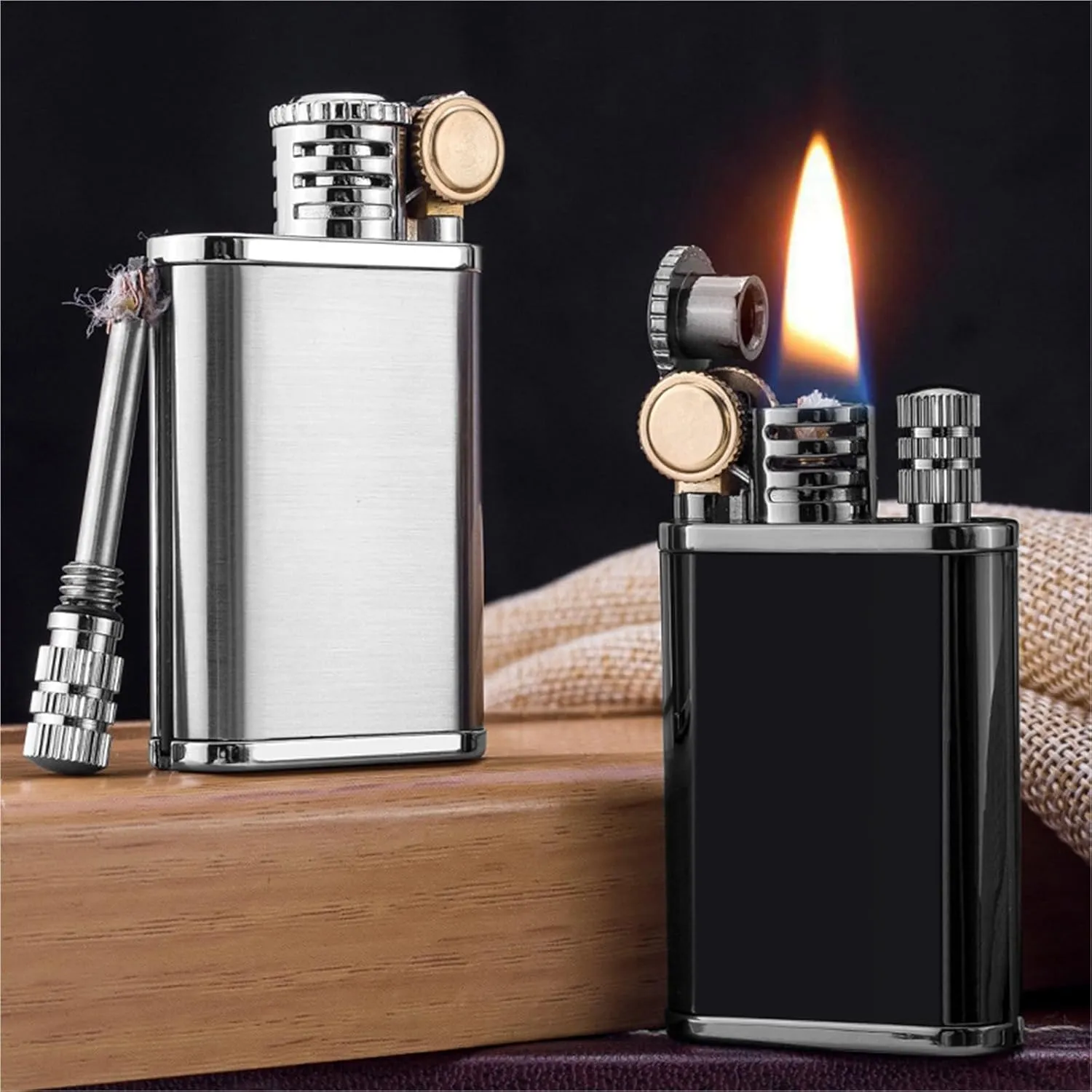 Antique Bronze Kerosene Windproof and Waterproof Lighter, Forever Matches, Refillable Fuel, Gift for Men Father (Kerosene Not Included)(Black)
