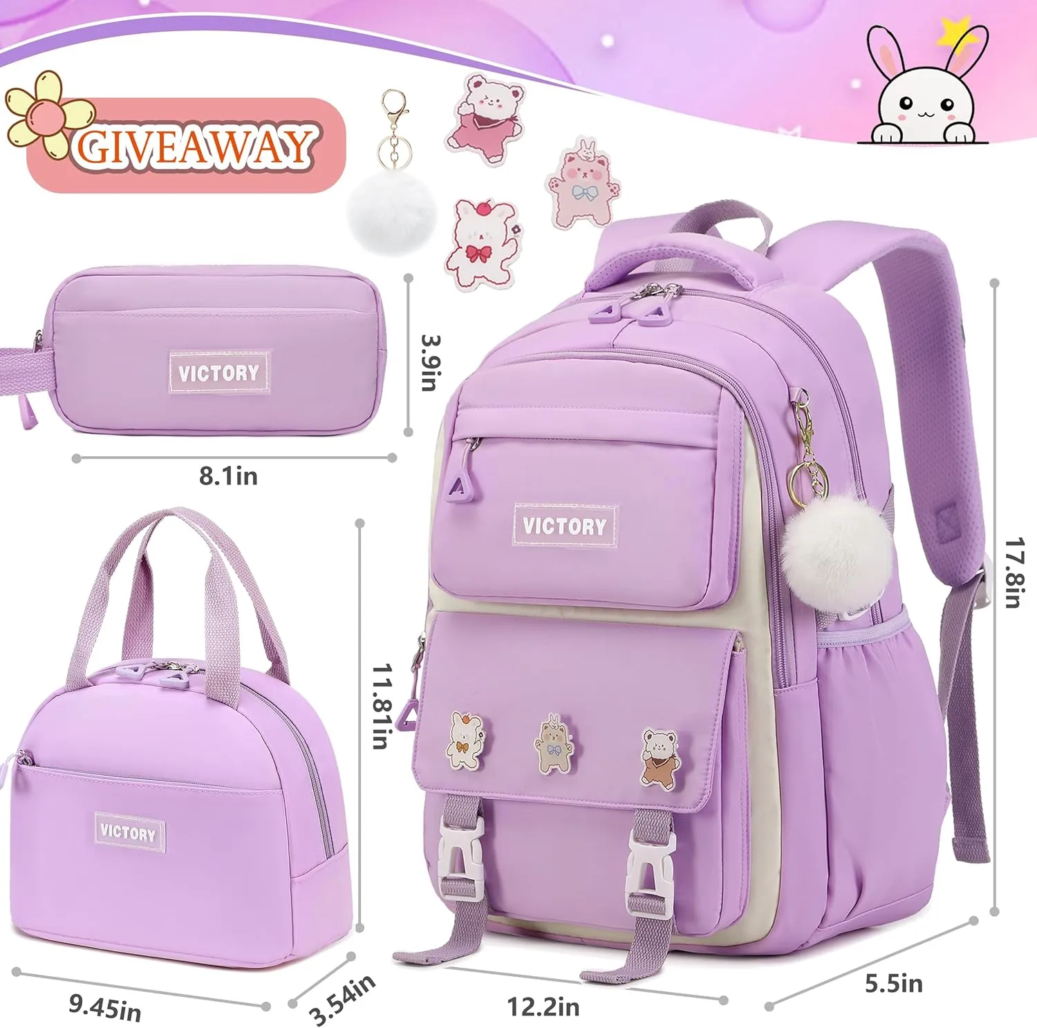 AO ALI VICTORY Backpack for Women Girls Set with Pencil Case 15.6 Inch Laptop School Bag Kids Elementary College Backpacks