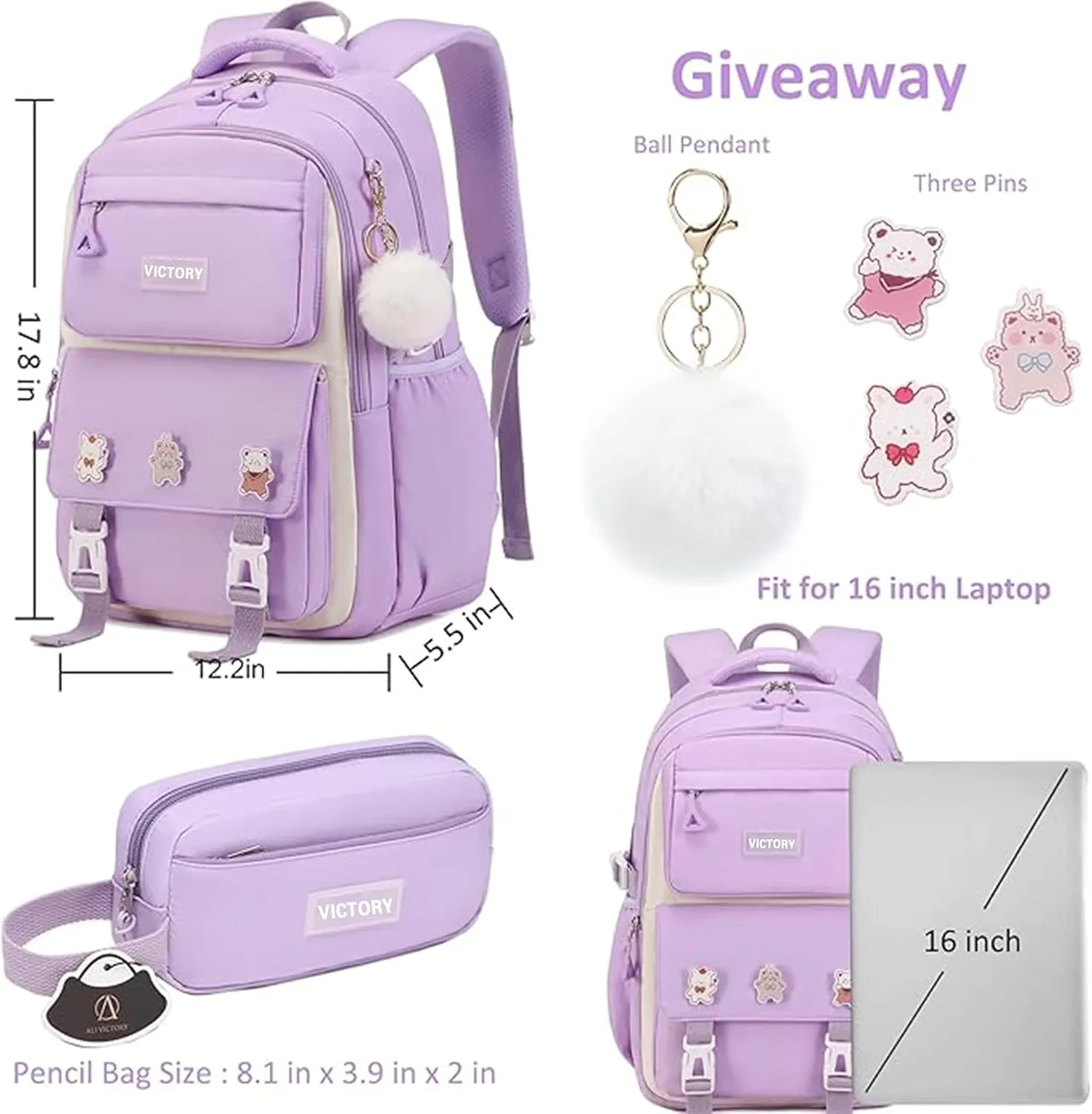 AO ALI VICTORY Backpack for Women Girls Set with Pencil Case 15.6 Inch Laptop School Bag Kids Elementary College Backpacks