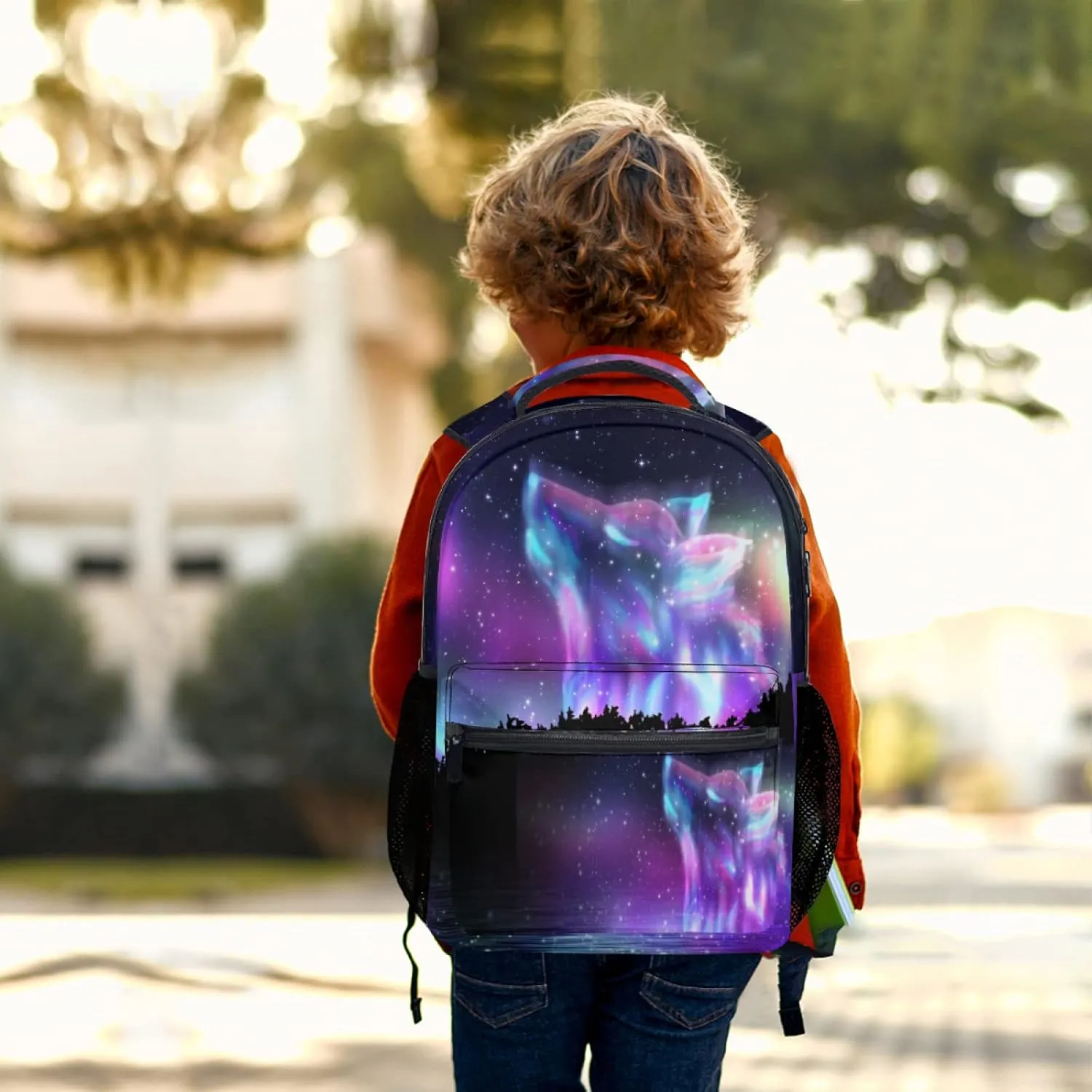 aportt Galaxy Wolf Backpack for Boys Girls Space Stars Wolf Purple Blue Durable Casual Basic Kids Bookbag Cool Lightweight School Bag for Teens Students Travel Daypack
