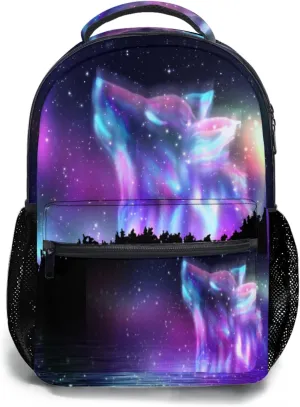aportt Galaxy Wolf Backpack for Boys Girls Space Stars Wolf Purple Blue Durable Casual Basic Kids Bookbag Cool Lightweight School Bag for Teens Students Travel Daypack