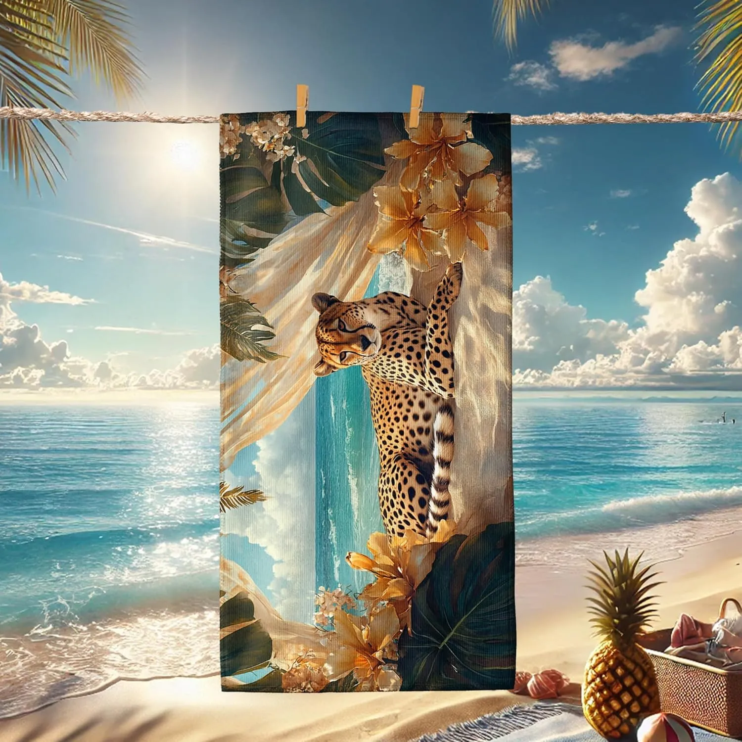 Artistic Cheetah Print Beach Towel Tropical Floral Microfiber Bath Towel, Quick Dry Absorbent Soft Sand Free Lightweight Beach Blanket, Summer Vacation Pool Picnic Essentials 70x35 Inch