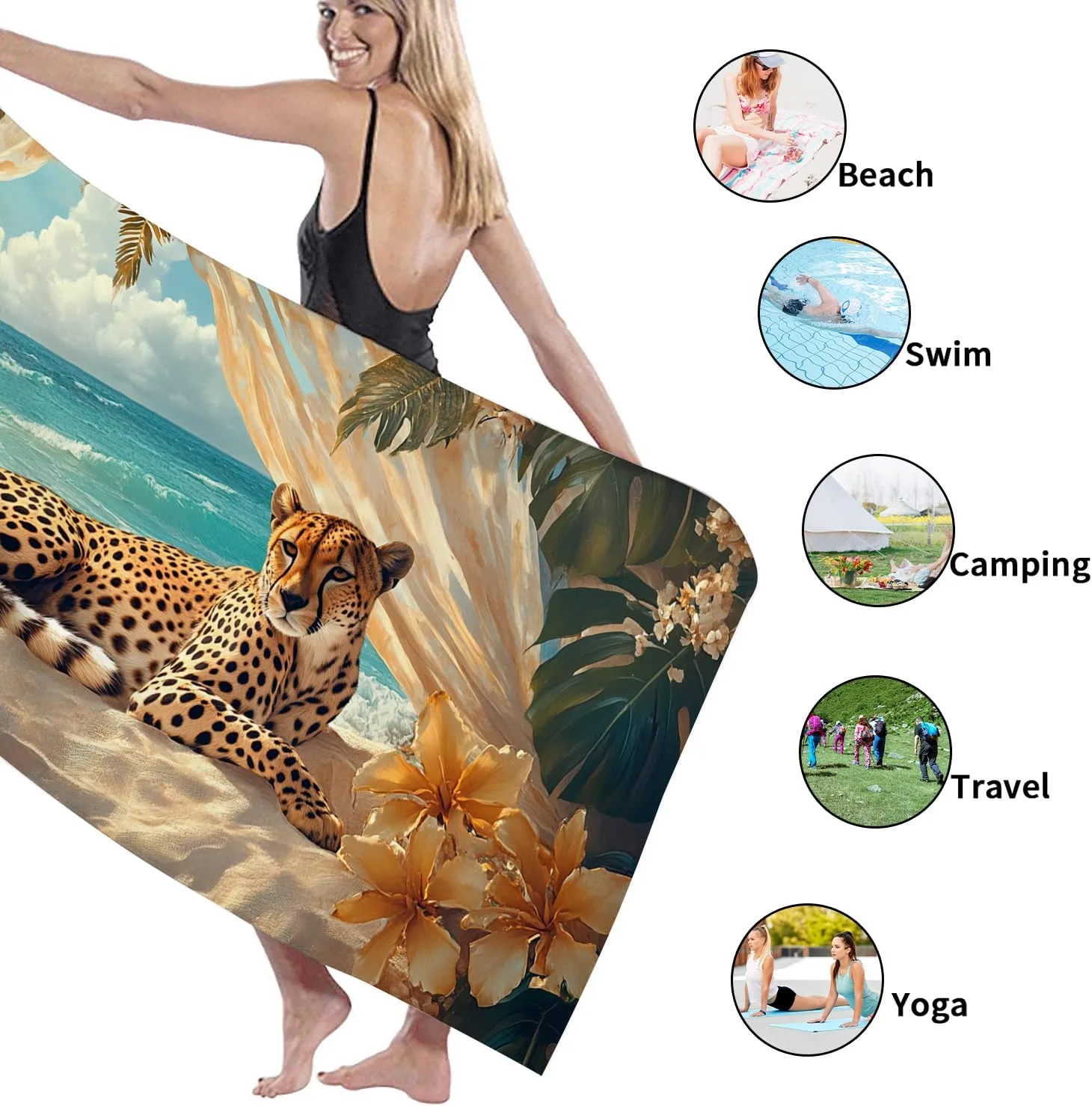 Artistic Cheetah Print Beach Towel Tropical Floral Microfiber Bath Towel, Quick Dry Absorbent Soft Sand Free Lightweight Beach Blanket, Summer Vacation Pool Picnic Essentials 70x35 Inch
