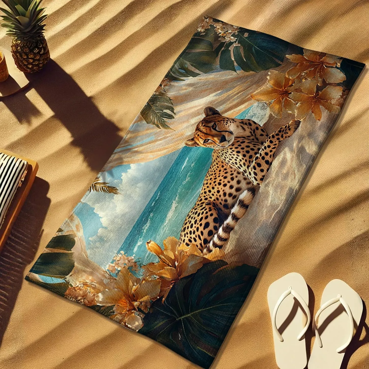 Artistic Cheetah Print Beach Towel Tropical Floral Microfiber Bath Towel, Quick Dry Absorbent Soft Sand Free Lightweight Beach Blanket, Summer Vacation Pool Picnic Essentials 70x35 Inch