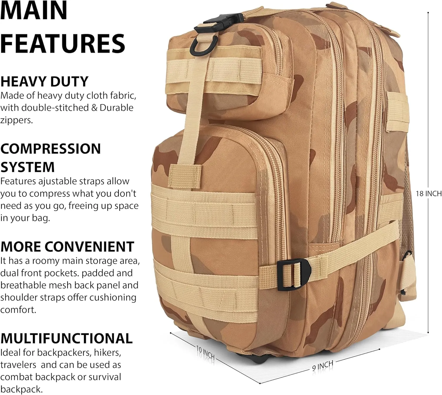 ASA TECHMED Military Tactical Backpack: Durable Pack with IFAK System, Ventilated, Utility for Outdoor, & Everyday Carry Use (Tan Camo)