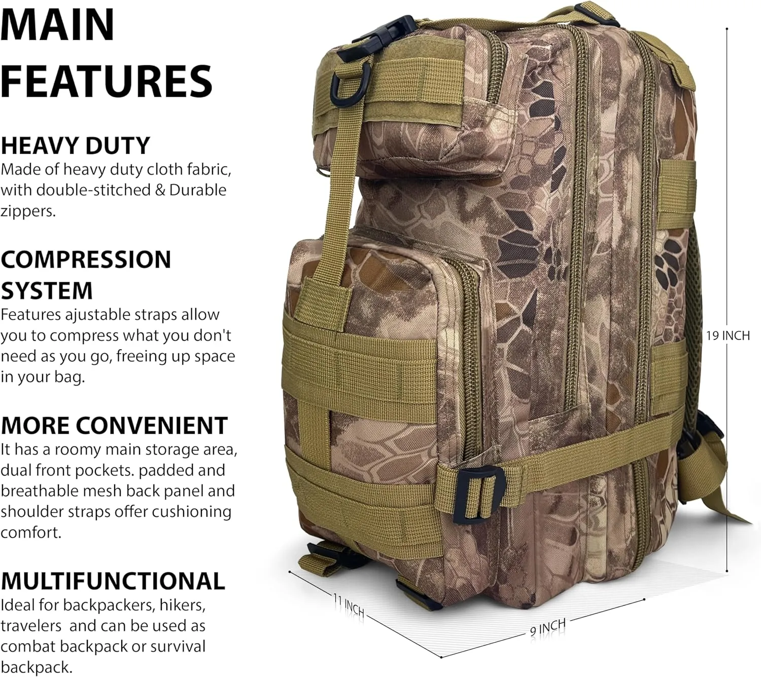 ASA TECHMED Tactical Backpack - Durable 3-Day Pack for Hiking, Emergency Preparedness - Hydration Compatible (Snake Brown)