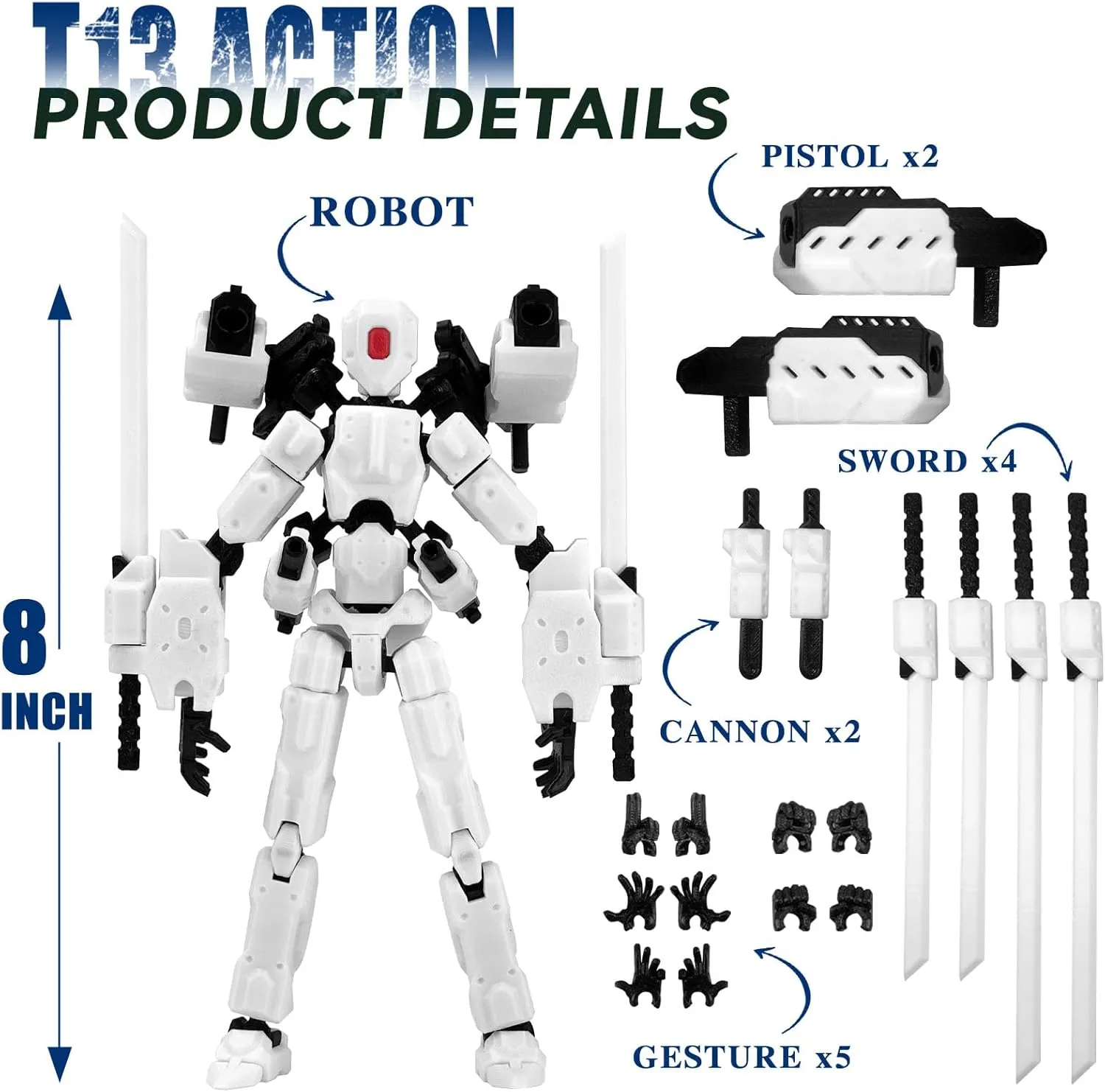 (Assembly Completed) 8 inch T13 Action Figure Set,T 13 Action Figure Multi-Articular Mobile Robot Nova T-13,Desktop Decorations for Game Lovers Toys (White)