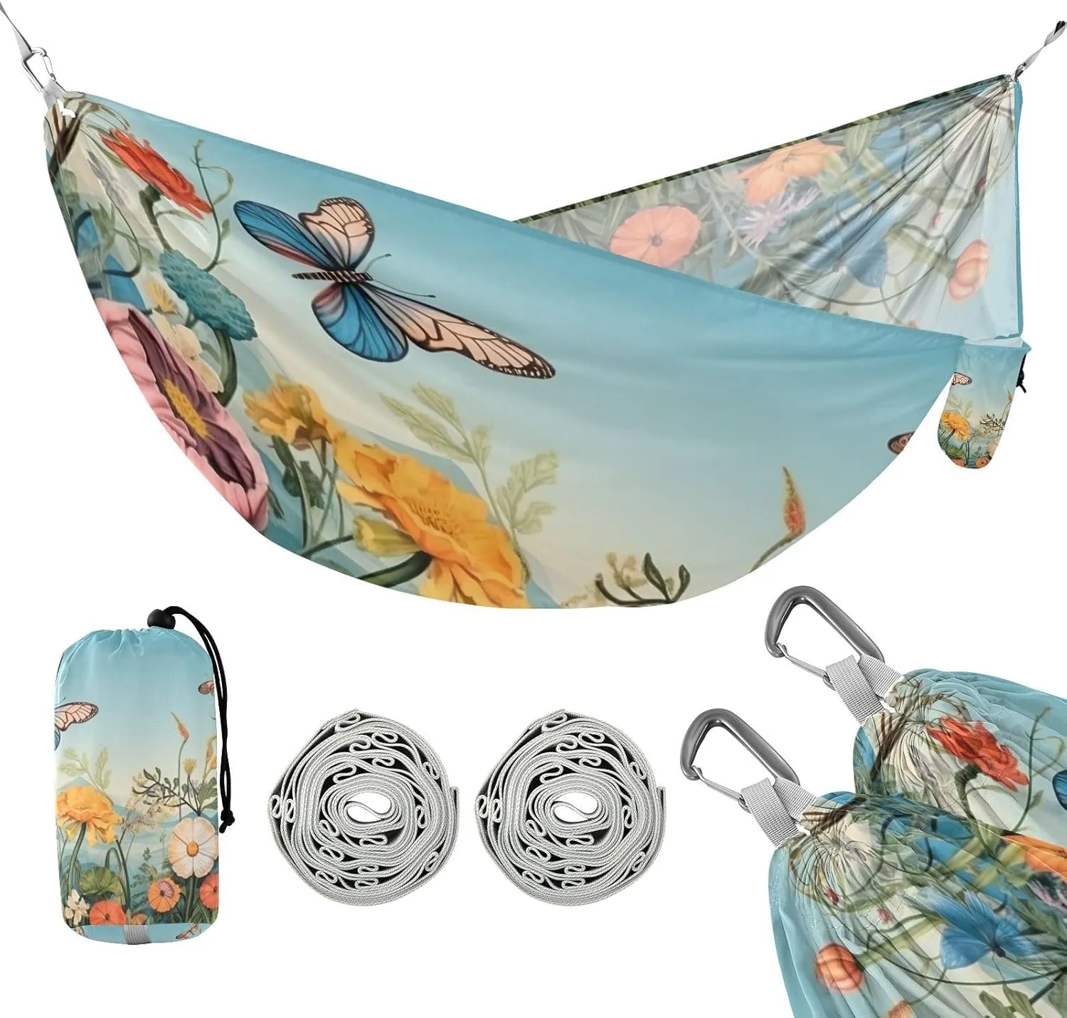 ATTX Colorful Flower Dragonflies Camping Hammock - Lightweight & Portable Hammocks, Heavy Duty 330lbs Capacity for Indoor, Hiking, Backpacking, Travel, Backyard, Beach#199