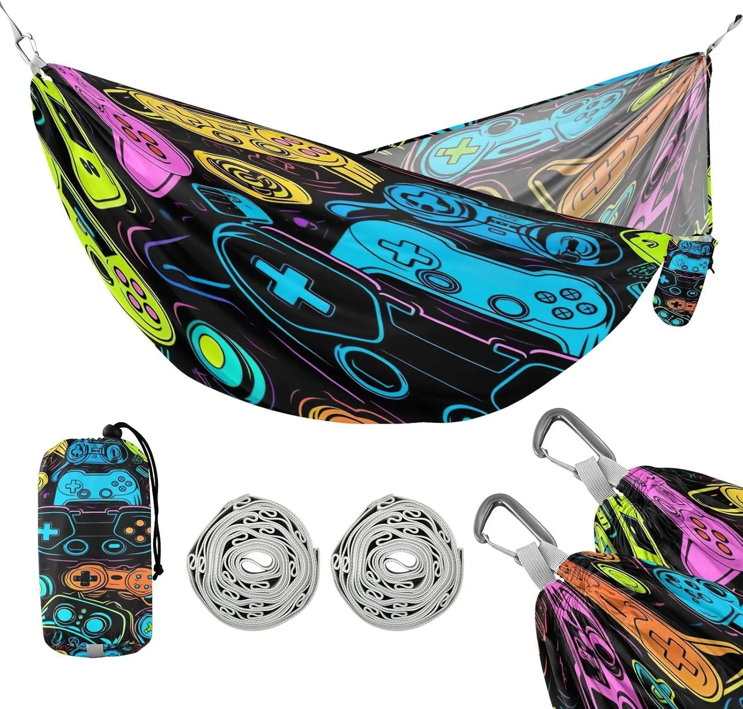 ATTX Colorful Video Game Controllers Camping Hammock - Lightweight & Portable Hammocks, Heavy Duty 330lbs Capacity for Indoor, Hiking, Backpacking, Travel, Backyard, Beach#340