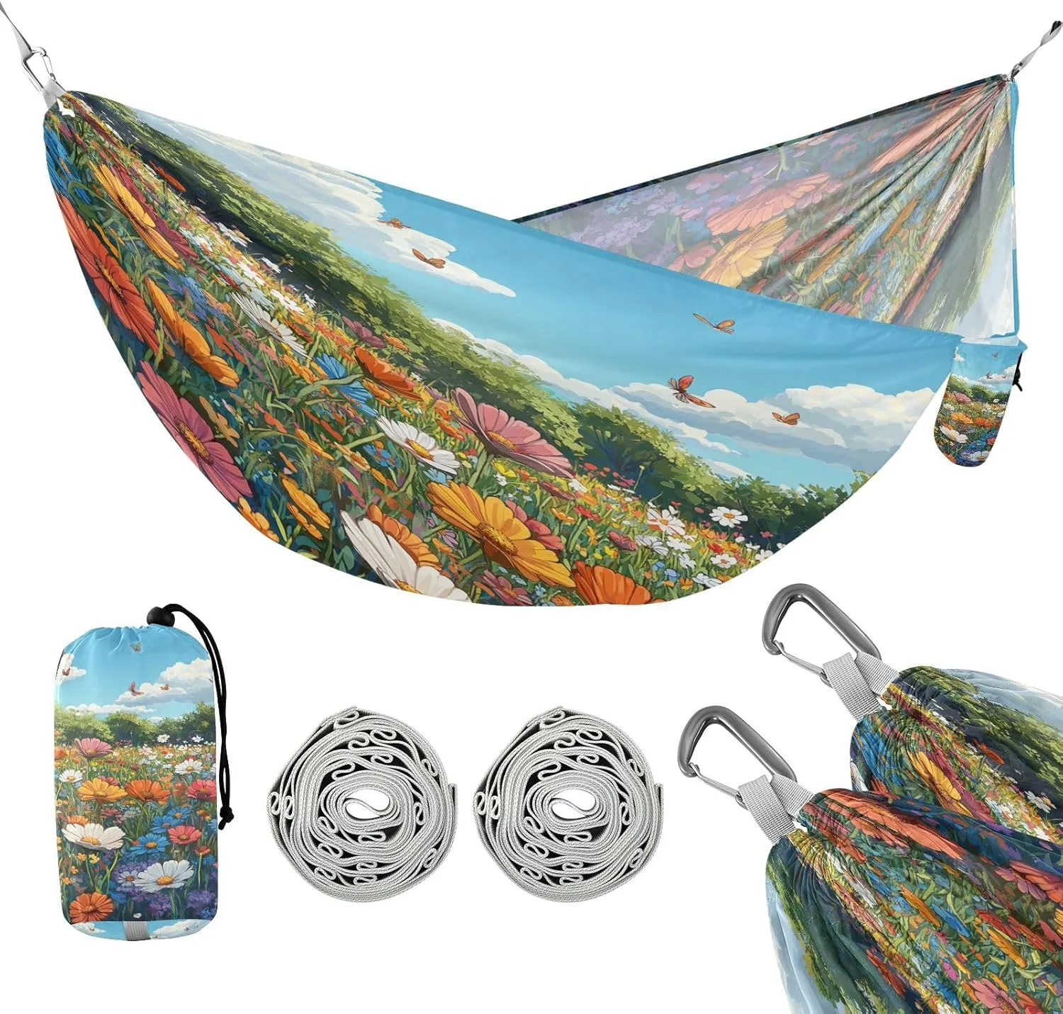ATTX Colorful Wildflowers Meadow Camping Hammock - Lightweight & Portable Hammocks, Heavy Duty 330lbs Capacity for Indoor, Hiking, Backpacking, Travel, Backyard, Beach#590