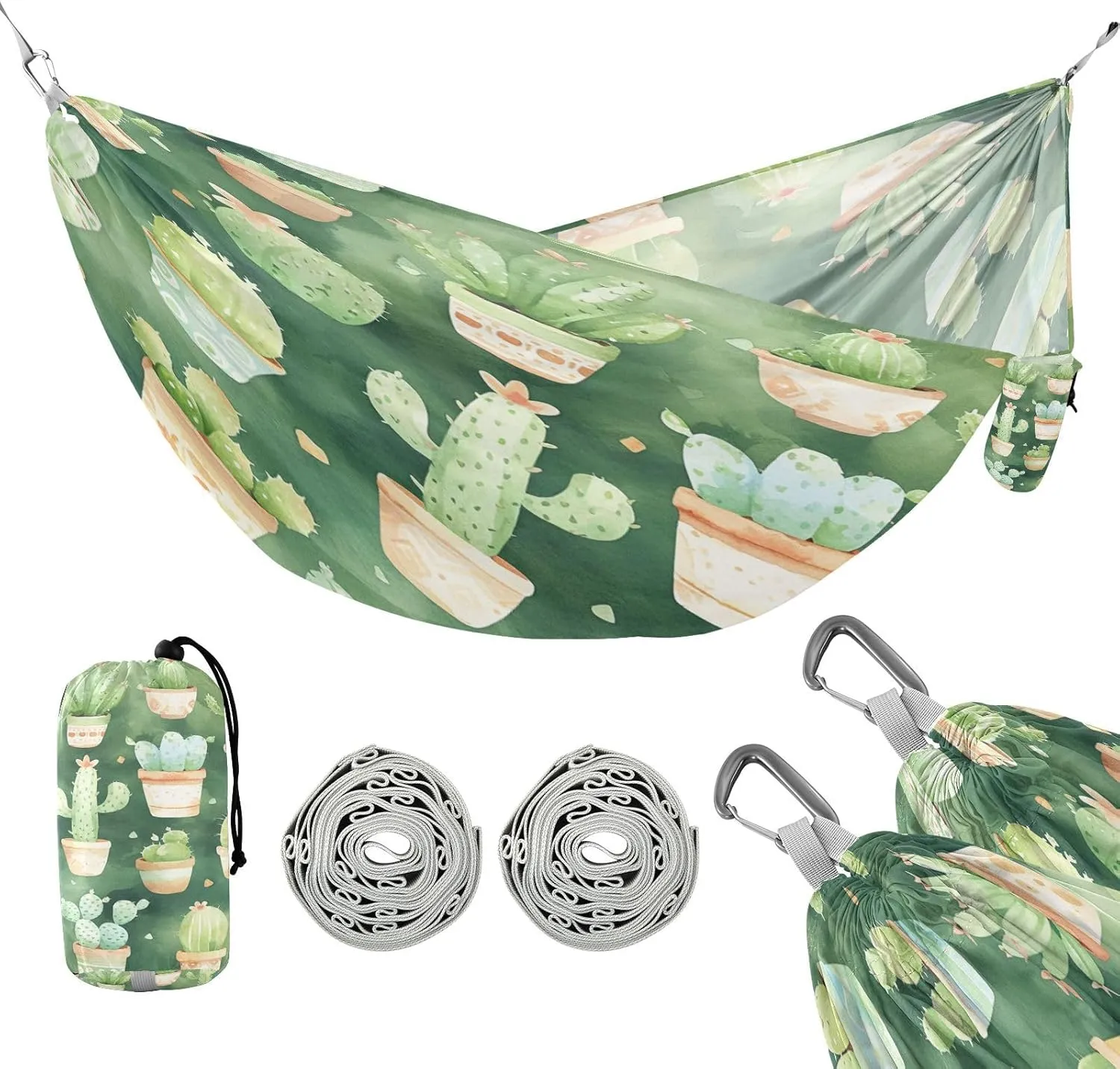 ATTX Cute Cactus Camping Hammock - Lightweight & Portable Hammocks, Heavy Duty 330lbs Capacity for Indoor, Hiking, Backpacking, Travel, Backyard, Beach#197
