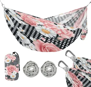 ATTX Pink Roses Daisies Camping Hammock - Lightweight & Portable Hammocks, Heavy Duty 330lbs Capacity for Indoor, Hiking, Backpacking, Travel, Backyard, Beach#583