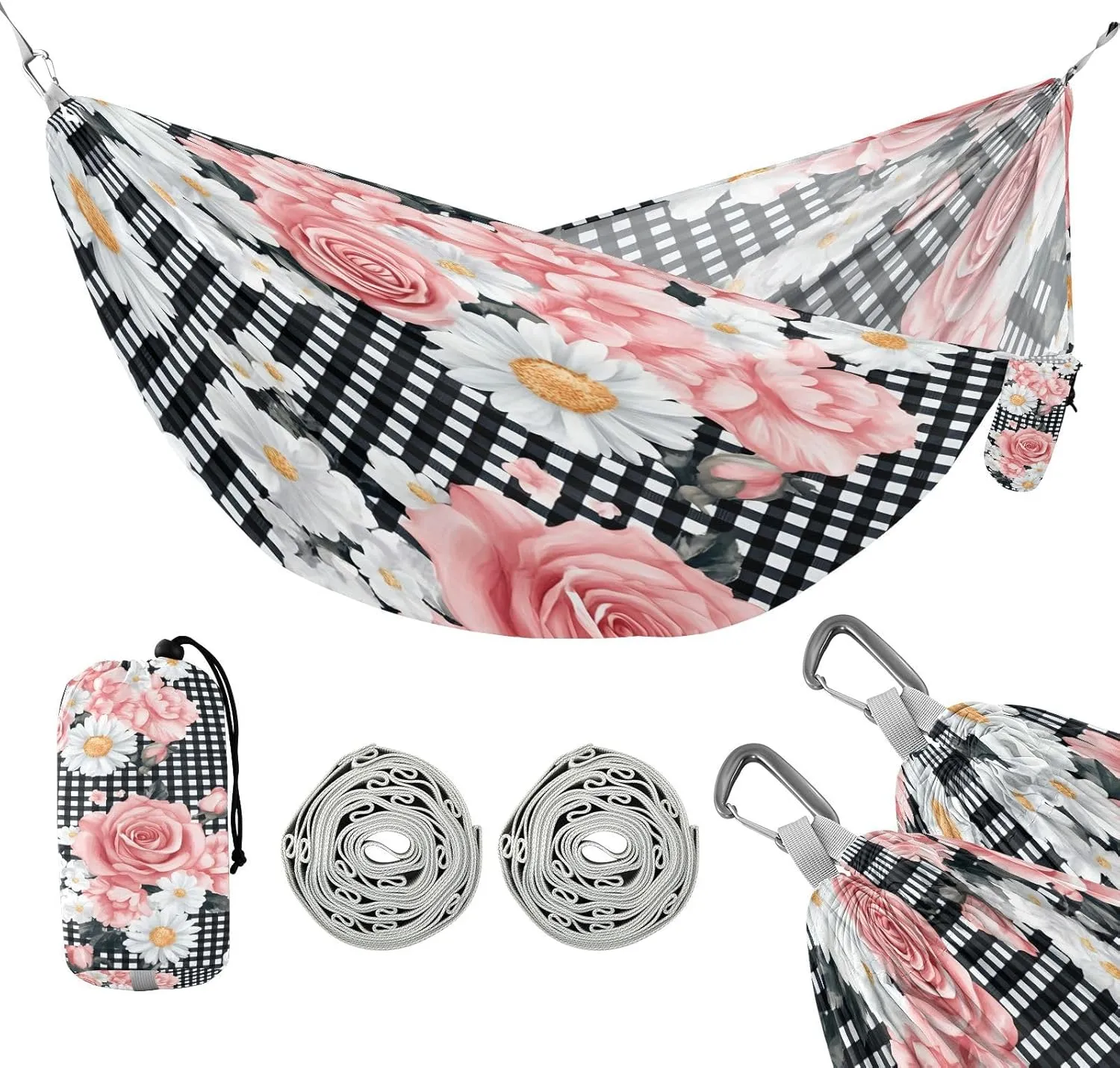 ATTX Pink Roses Daisies Camping Hammock - Lightweight & Portable Hammocks, Heavy Duty 330lbs Capacity for Indoor, Hiking, Backpacking, Travel, Backyard, Beach#583