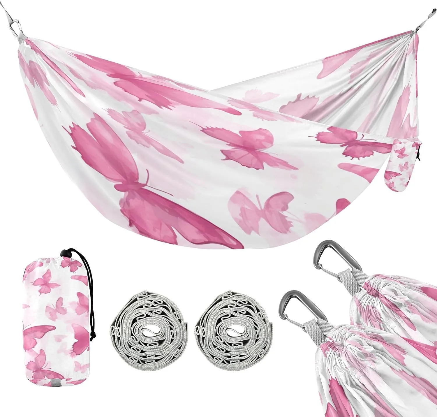 ATTX Pink Watercolor Butterflies Camping Hammock - Lightweight & Portable Hammocks, Heavy Duty 330lbs Capacity for Indoor, Hiking, Backpacking, Travel, Backyard, Beach#253