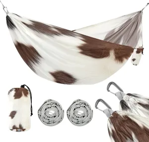 ATTX White Brown Print Cow Camping Hammock - Lightweight & Portable Hammocks, Heavy Duty 330lbs Capacity for Indoor, Hiking, Backpacking, Travel, Backyard, Beach#179